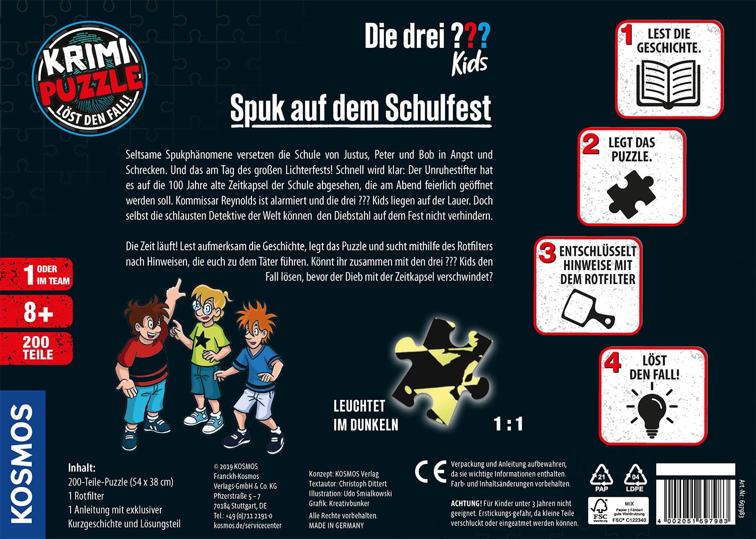 Die drei ??? Kids - Krimi Puzzle - Spuk auf dem Schulfest von KOSMOS 697983, Leuchtet im Dunkeln, 200 Teile, Lesen, Puzzeln, Rätsel lösen, Detektiv Puzzle für Kinder ab 8 Jahre
