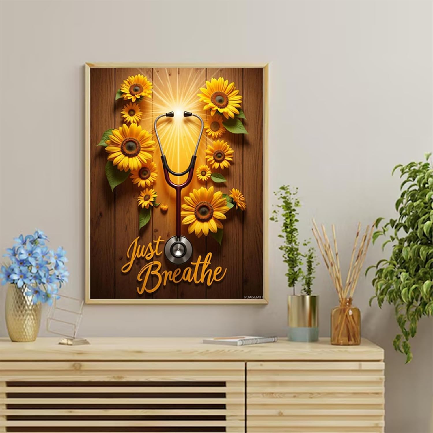PUAGEMTI Sunflowers Stethoscope Just Breathe Diamond Art Kits for Adults, 5D DIY Full Drill Diamond Painting Kits for Adults Beginners, Diamond Painting Kit for Wall Home Decor (No Frame) 12x16 Inch