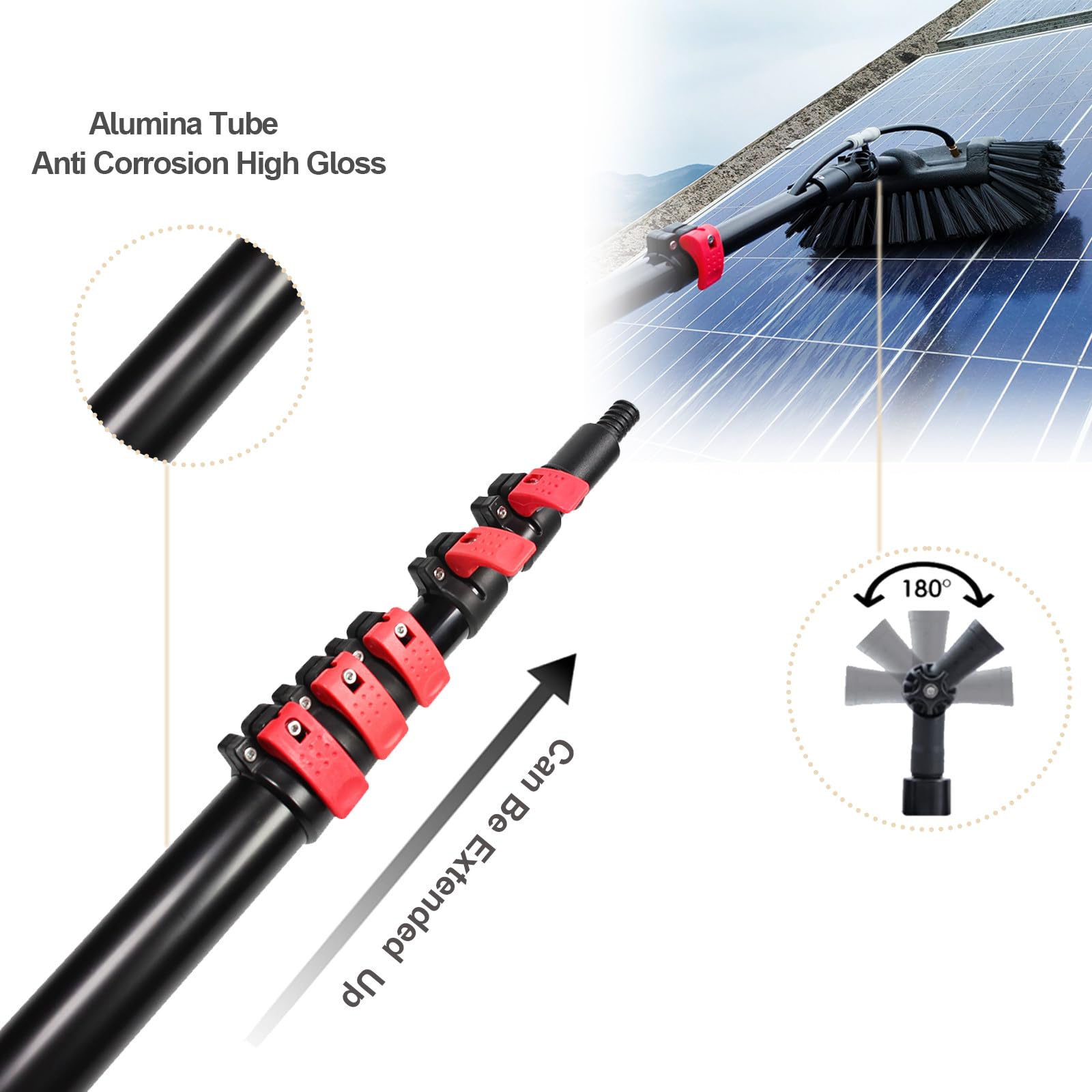 Cepillo retráctil de limpieza de paneles solares de 3,6 a 12 m, con cabezal de 29 cm, suministro de agua para limpieza eficiente de ventanas e invernaderos, herramientas de mantenimiento fotovoltaico