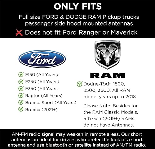 Miniatura 6 de EcoAuto Badass - Antena de coche de repuesto para Dodge Ram y Ford F150 F250 F350 Super Duty Ford Raptor Bronco Trucks  Diseño antirrobo  Antena de
