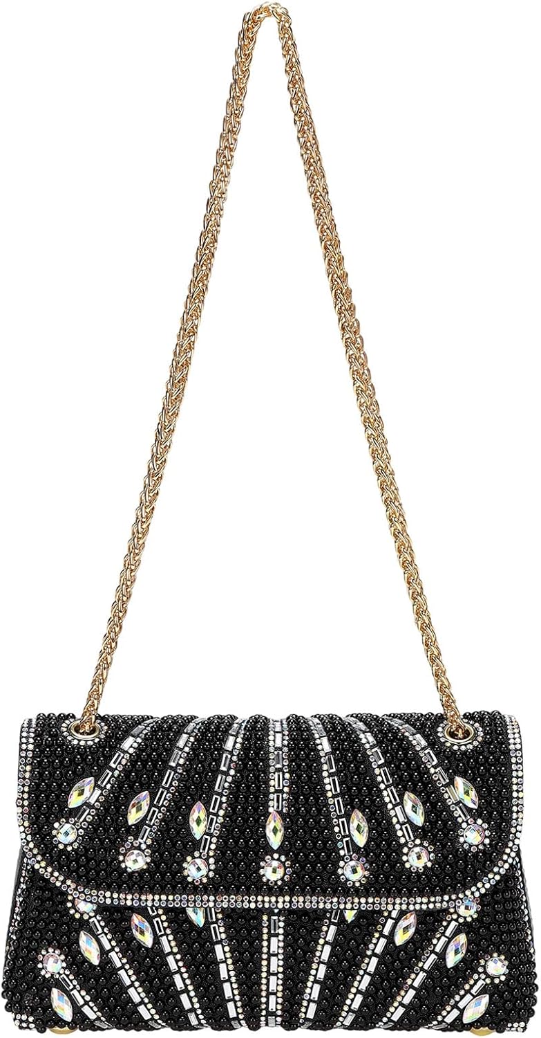 Evening Bags Clutch Purses for Women Formal, Beaded Purses Crystal Rhinestone Crossbody Handbag with Chain Shoulder Bag Sparkly for Wedding Guest Party Black