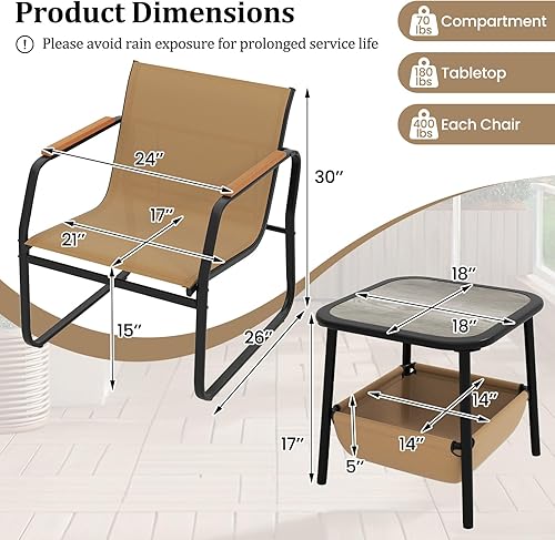 Miniatura 4 de Tangkula Juego de muebles de patio de 3 piezas, juego de conversación de bistró al aire libre con tela de malla transpirable y marco de metal, juego
