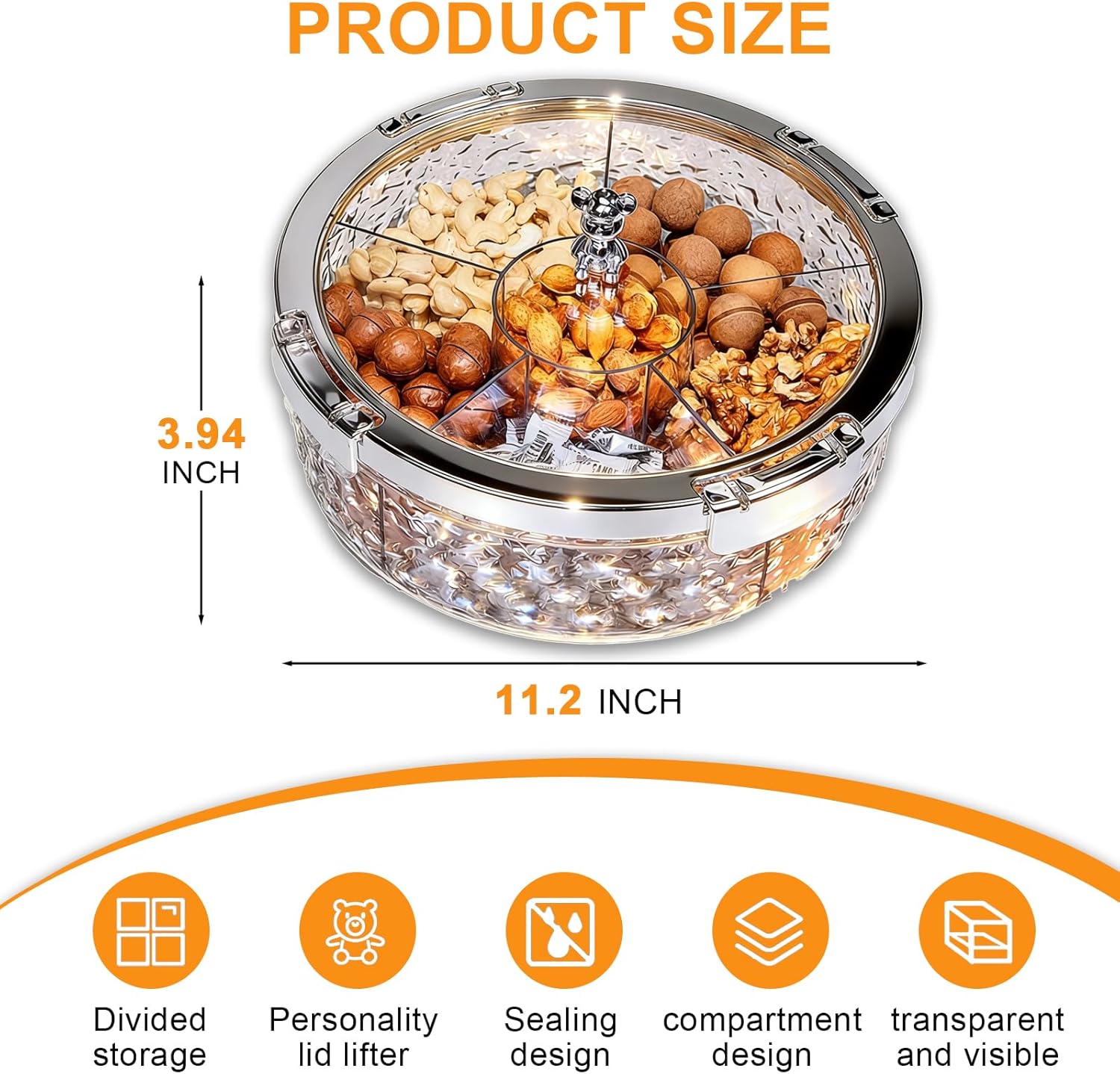 Round 6-Compartment Snack Box & Candy Dish, Clear Divided Serving Tray with Locking Lid – for Nuts, Cookies, Fruits & Veggies, Portable for Party, Picnic, Fridge Storage, Easy to Clean