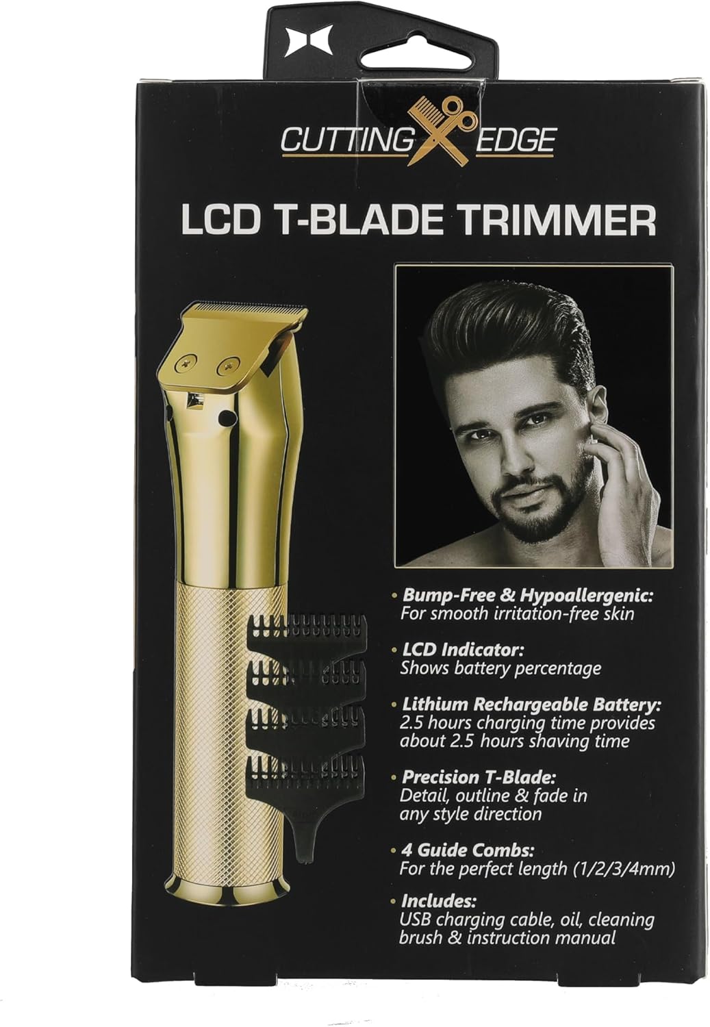 Cutting Edge T-Blade Trimmer for Men, Hypoallergenic T-Blade Trimmer with 4 Guide Combs (1mm, 2mm, 3mm, 4mm) LCD Indicator, Rechargeable 2 Hour Run-Time, Bump-Free & Irritation-Free, Ergonomic Design