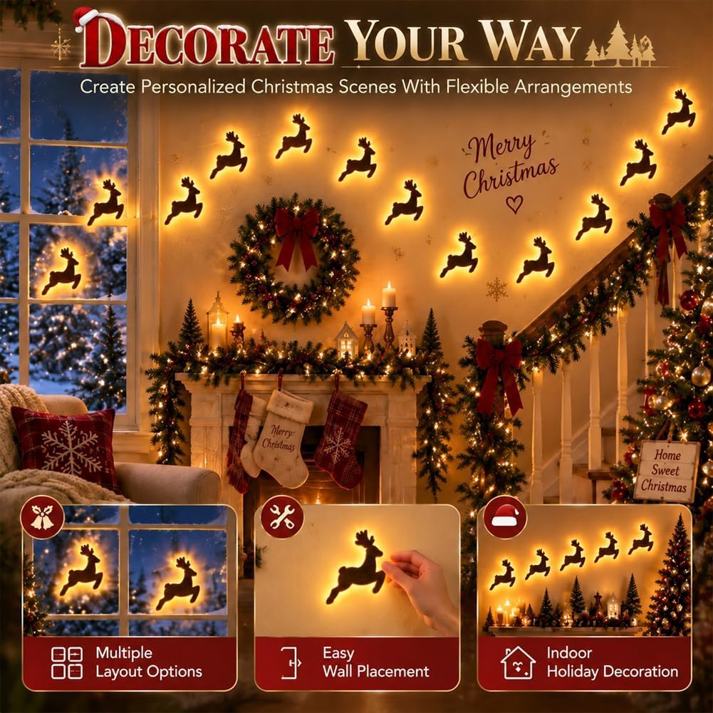 LED Reindeer Wall Decorations, Christmas Glow Wall Silhouette Lights (21PC)