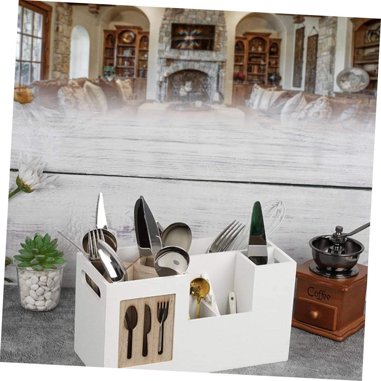 Healifty Porta Utensilios y Organizador De Cubiertos De Madera 28x12x15 Cm, Sin Tapa, Estante Múltiples Compartimentos Para Cocina y Hogar, Diseño Compacto Para Uso Diario
