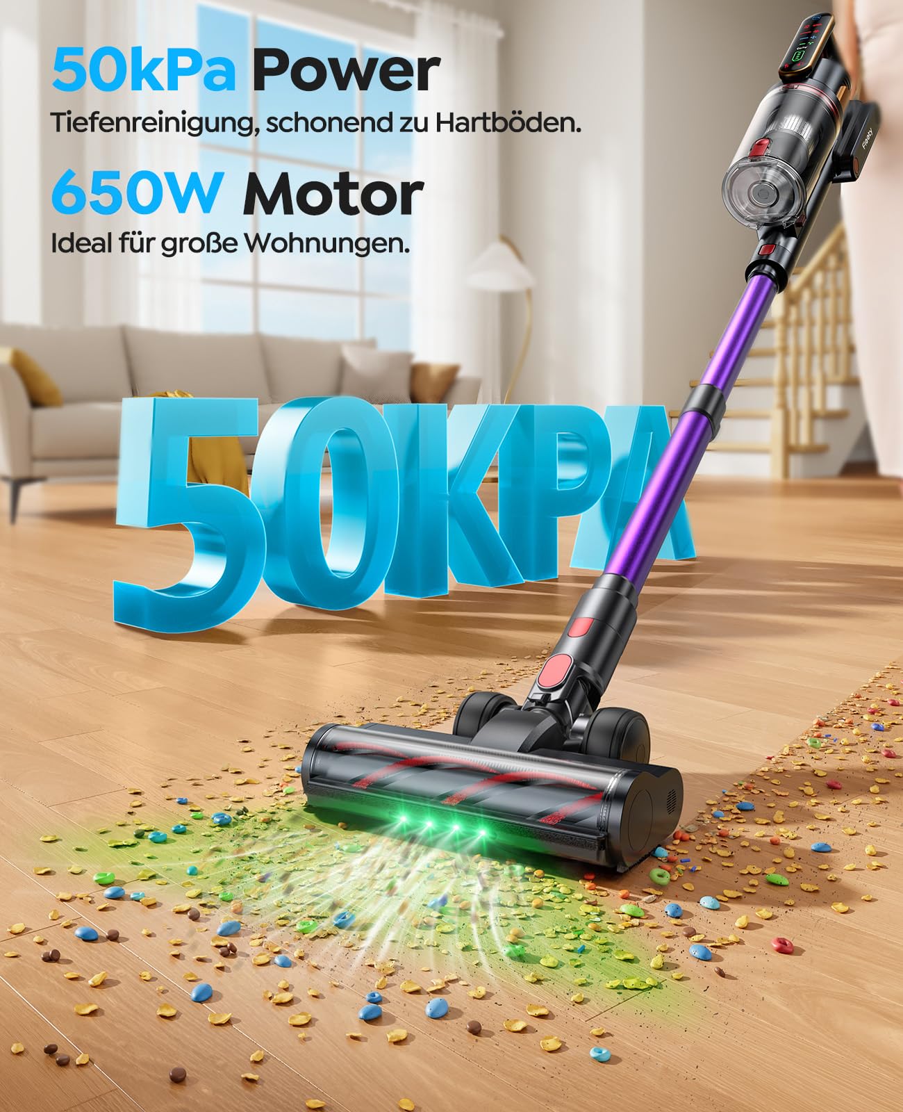 Fieety Akku Staubsauger 650W/50KPa/70Min, Staubsauger Kabellos mit Tierpflegebürste, 1,5M Schlauch, Automatikmodus, Duftfunktion, LED Display, für Tierhaare, Teppiche, Hartböden & Auto