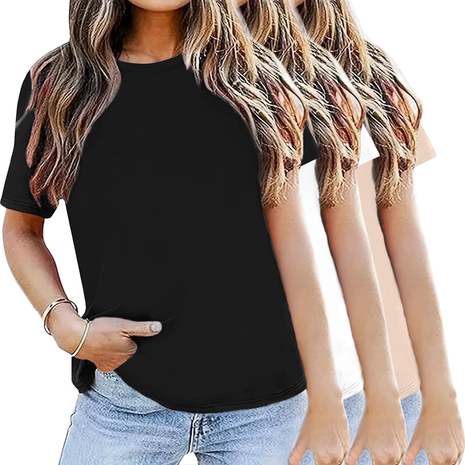BLACKOO Women's Basic Crewneck Tee 3 Pack Solid Color T Shirts Short Sleeve Summer Tops - Image 2