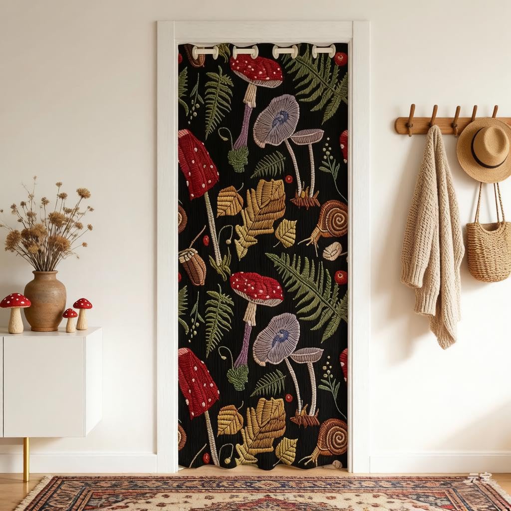 Loussiesd Mushroom Doorway Curtain Privacy, Nature Snail Botanical Leaf Door Cover Curtain,Wild Fungus Plants Insulated Thermal Curtains for Bedroom (1 Panel, 86x203cm)