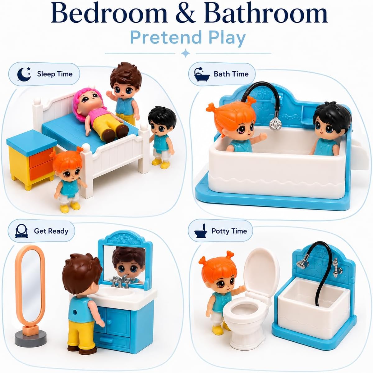 FUNERICA Dollhouse Family People Figures with Miniature Dollhouse Furniture and Accessories (Bed & Bath Family Set) image 4