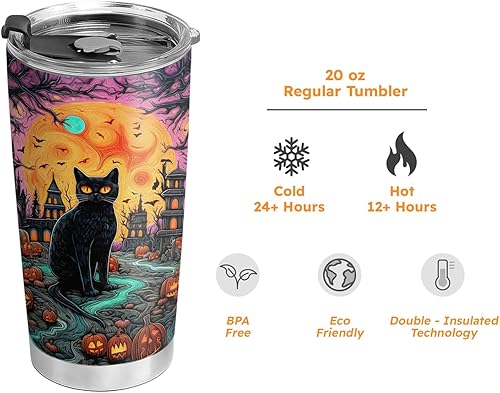 Miniatura 7 de Vaso de Halloween de 20 onzas, gato negro fantasma con calabazas de Halloween, taza de viaje aislada con tapa, termo de café para hombres, mujeres,