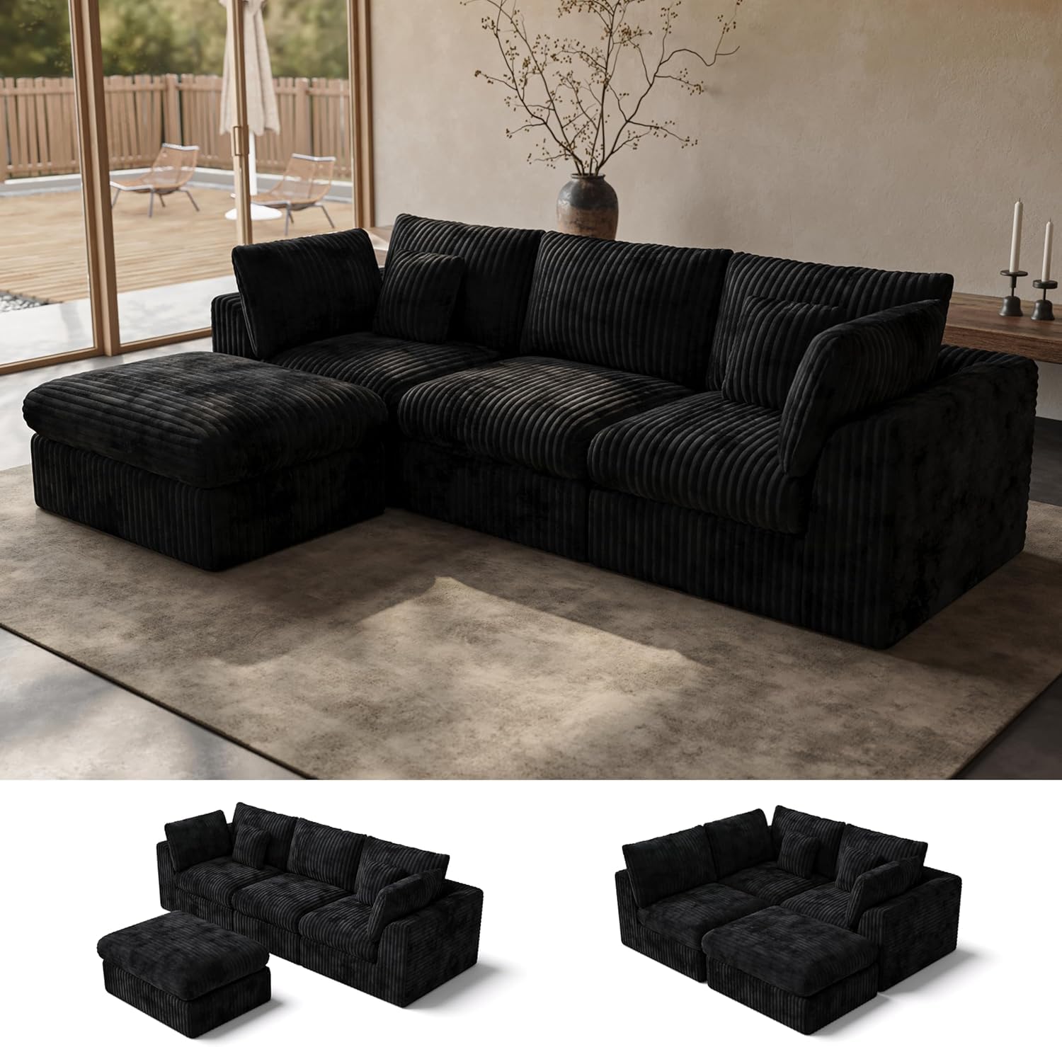116 Cloud Sectional Couch Boneless Modular Sofa with Ottoman for Living Room Deep Seat Chenille Sectional Couches for