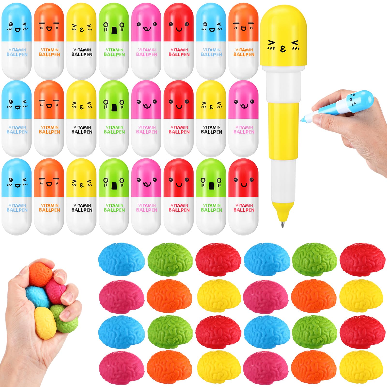 48 Pcs Pill Pens with Brain Stress Balls Anxiety Relief Gifts, 24 Cute Retractable Vitamin Pill Pens and 24 PU Foam Brain Stress Balls for Nurse Doctor Office Supplies