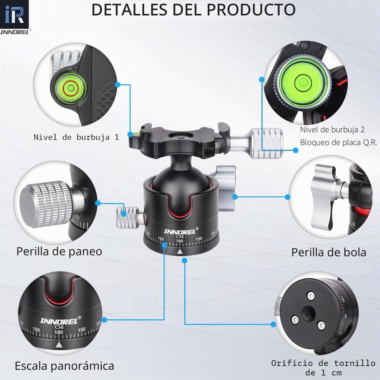 INNOREL Cabeza de Bola D36 de Perfil bajo 36 mm Profesional CNC Metal 360 ° Cabeza de trípode de cámara panorámica para trípode, monopié, cámaras DSLR, videocámara Arca Swiss de 1/4"
