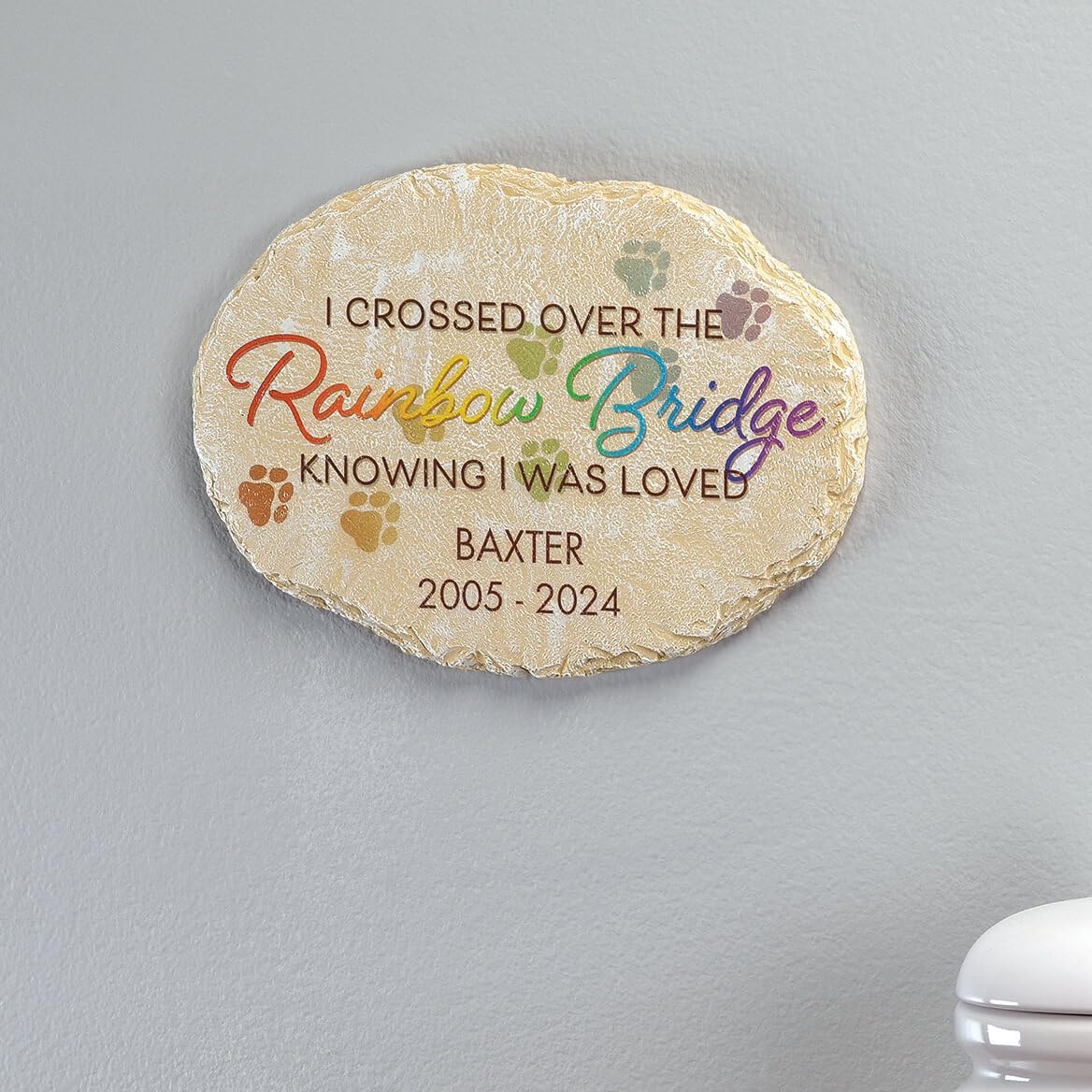 Fox Valley Traders Custom Oval Rainbow Bridge Pet Memorial Garden Stone, 100% Resin, Oval Shaped - Measures 11 1/2" Long x 8" Wide