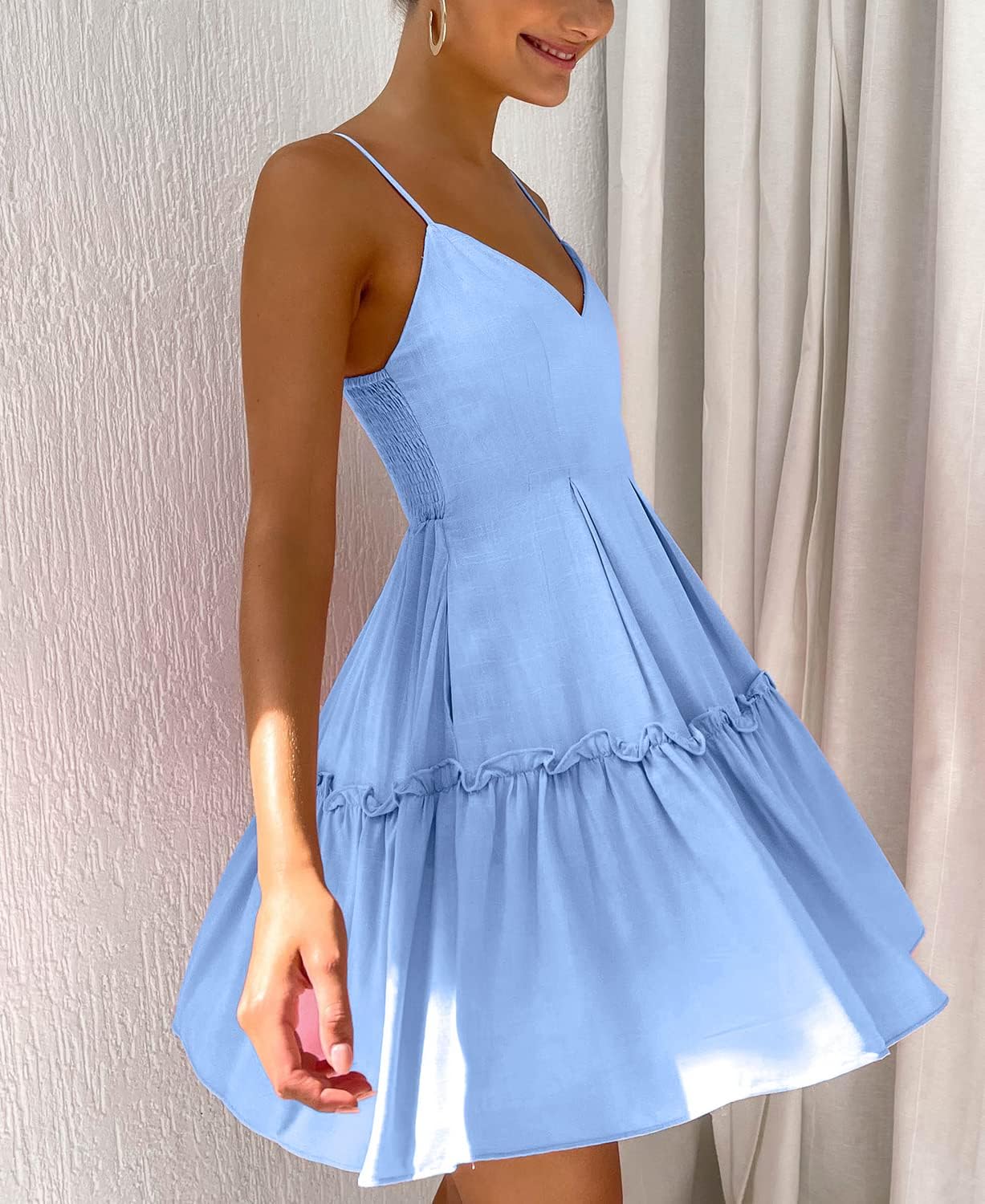 FANCYINN Women's Summer V Neck Casual Swing Short Dress Spaghetti Strap Tiered Backless Dresses with Pockets - Image 3