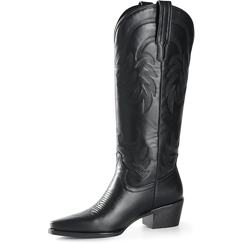 iiimmu Cowgirl Boots Women Knee High Boots Pointed Toe and Block Heel Cowboy Suede and Faux Leather Boots with Embroidered