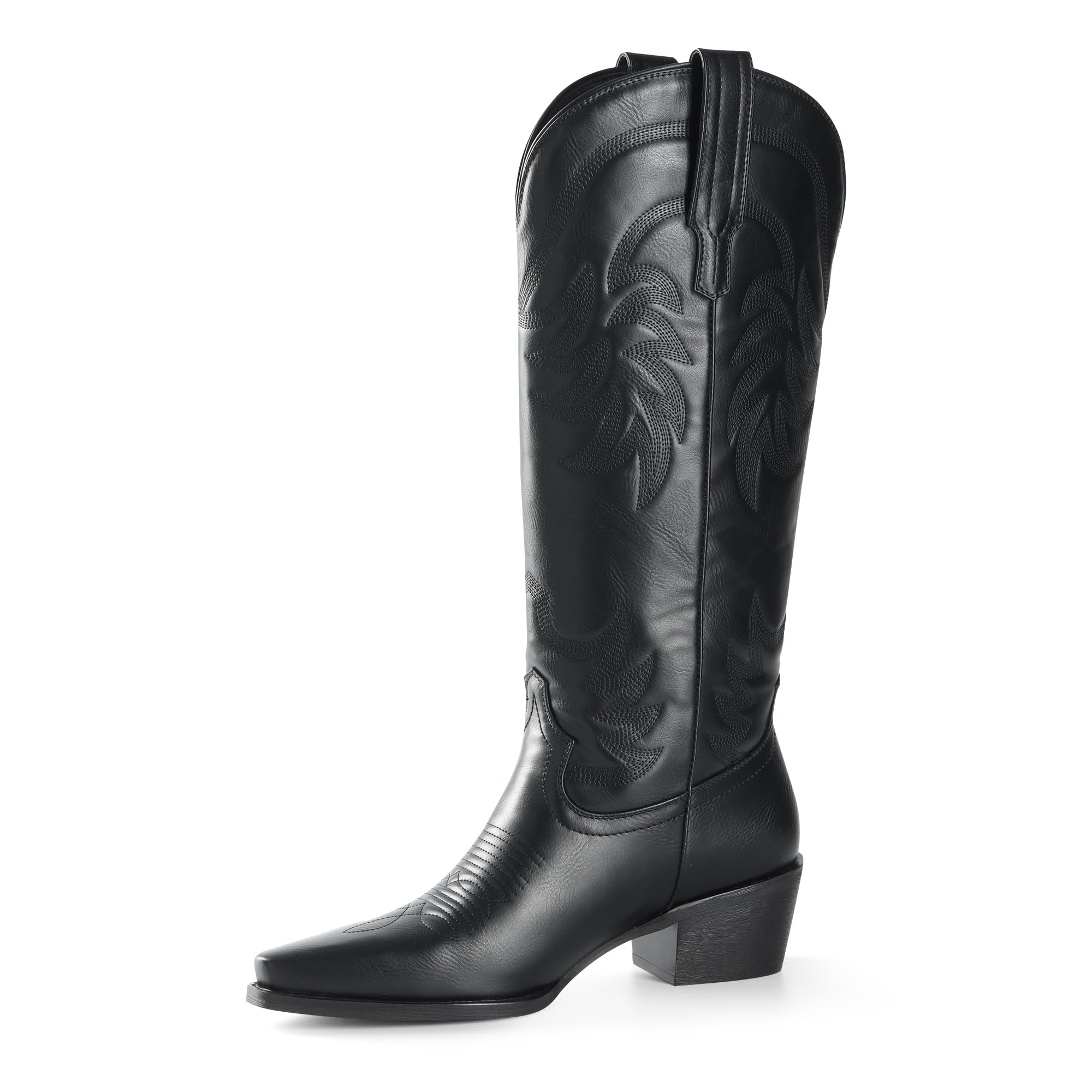iiimmu Cowgirl Boots Women Knee High Boots Pointed Toe and Block Heel Cowboy Suede and Faux Leather Boots with Embroidered