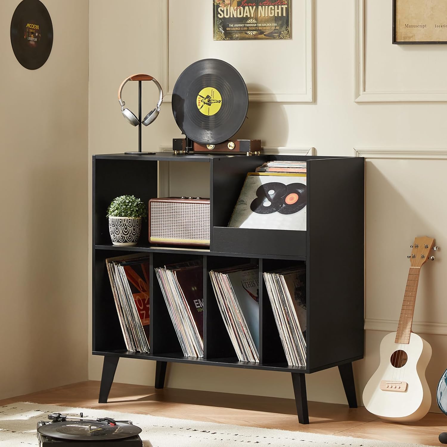 LELELINKY Large Record Player Stand, Turntable Stand with Storage, Vinyl Record Holder with Display Area, Record Player Table Holds Up to 300 Albums, Record Stand for Music room Living Room-Reto Black