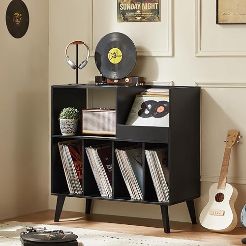 Vista 13 de LELELINKY Soporte grande para tocadiscos, soporte giratorio con almacenamiento, soporte para discos de vinilo con área de visualización, mesa