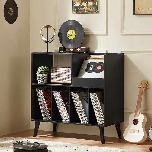 LELELINKY Large Record Player Stand, Turntable Stand with Storage, Vinyl Record Holder with Display Area, Record Player Table Holds Up to 300 Albums, Record Stand for Music Room Living Room-Black
