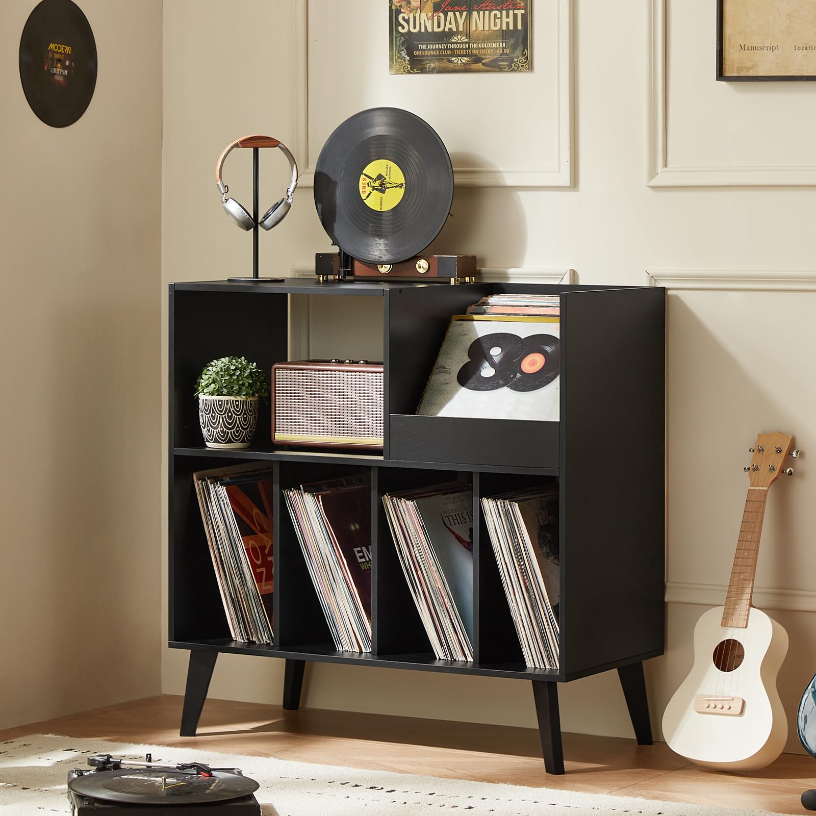 LELELINKY Large Record Player Stand Holds Up to 300 Albums