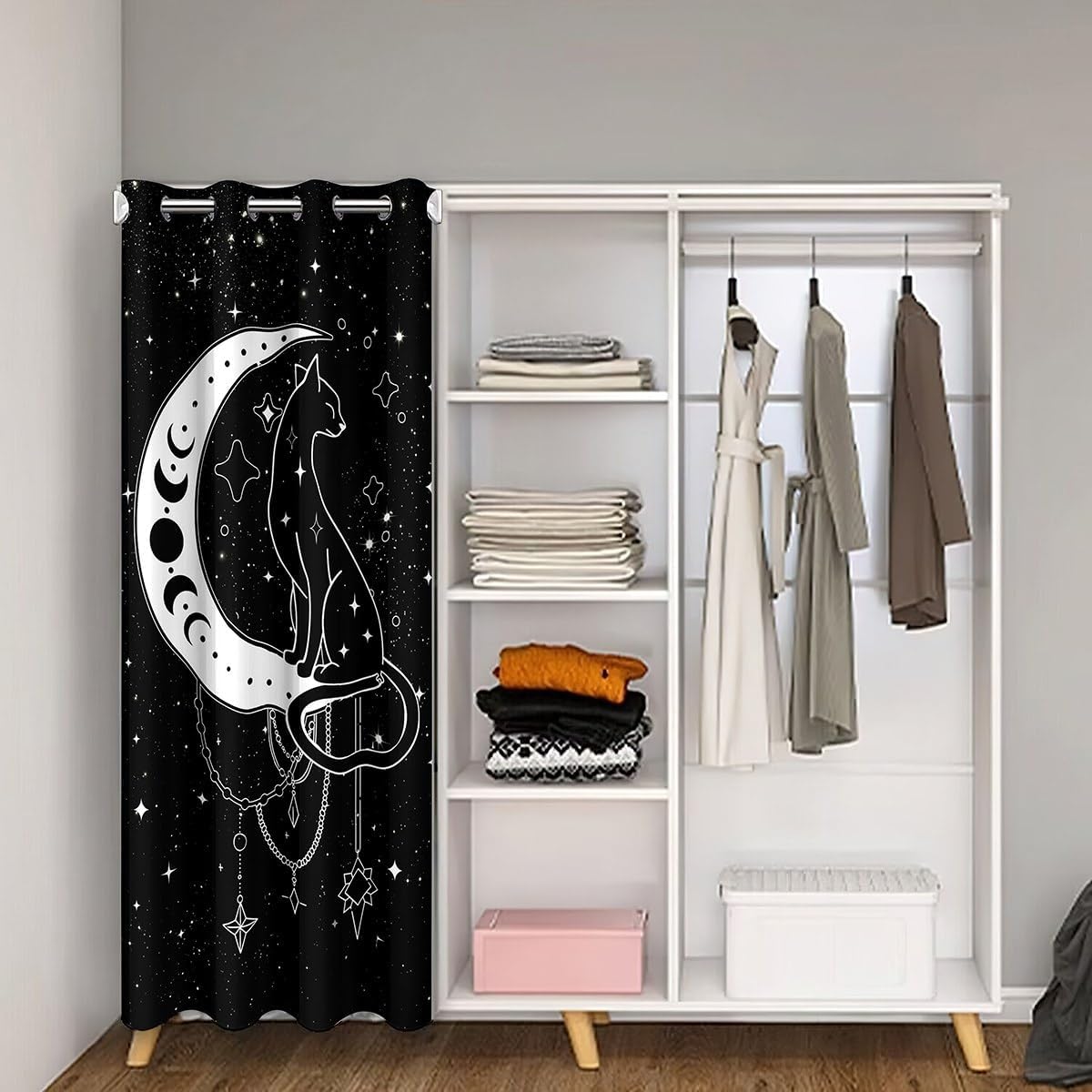 Castle Fairy Mysterious Cat Door Curtain for Youth Adult,Bohemian Moon Star Blackout Curtain 34" W X 80" L,Galaxy Starry Sky Black Door Drape Closet Door