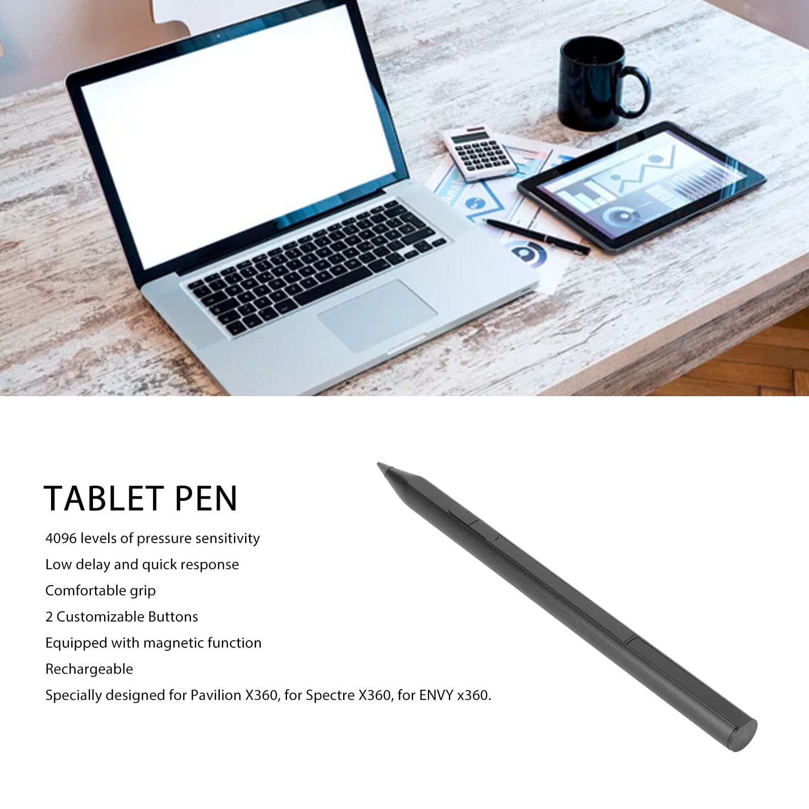 Bewinner Lápiz Capacitivo MPP2.0, Lápiz Digital de Presión 4096, Lápiz Capacitivo Recargable de 100 MAh para Tableta, 2 Botones Personalizables, Compatible con Pavilion X360 Spectre X360