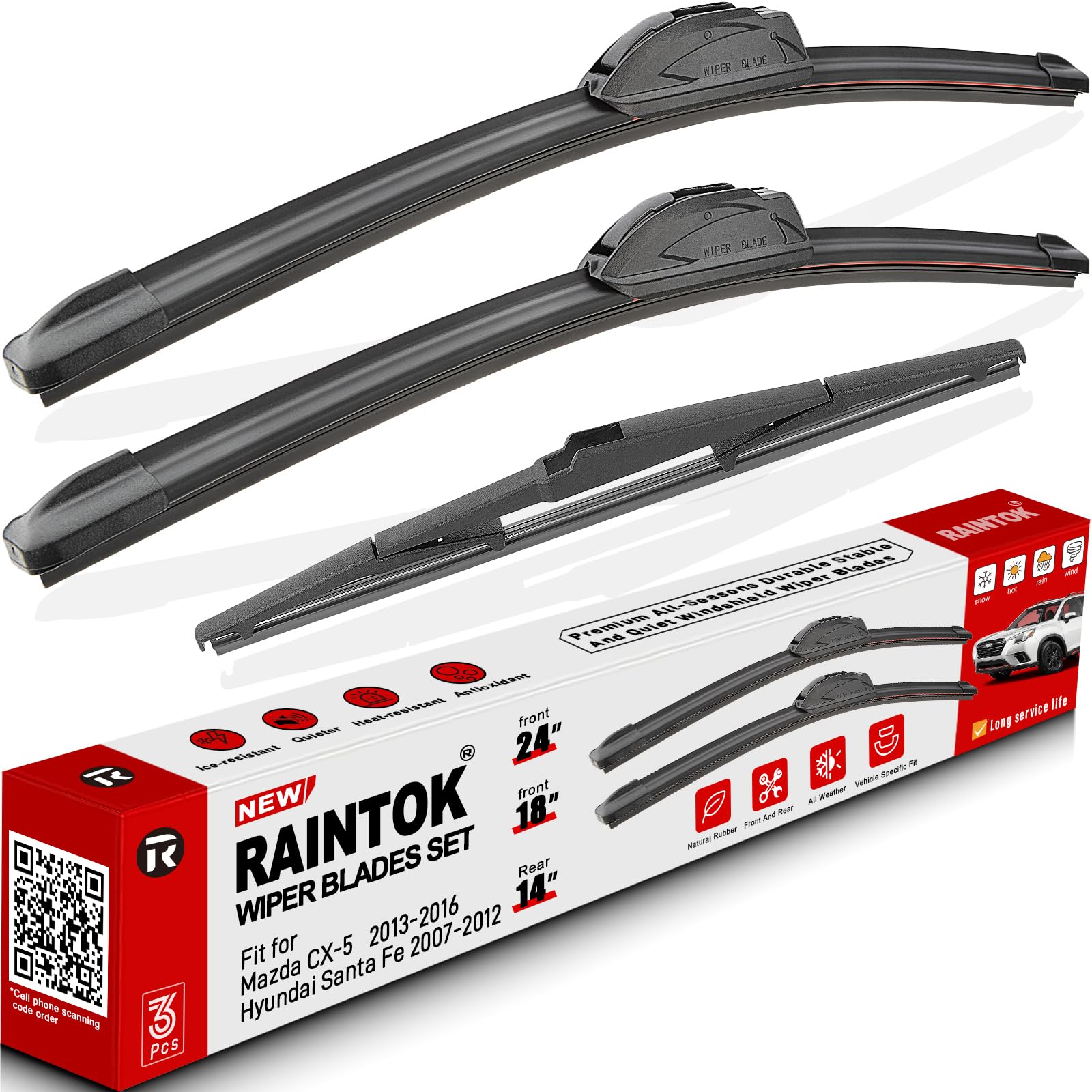 Photo 1 of RAINTOK Windshield Wiper Blades Replacement for 2013 2014 2015 2016 Mazda CX5 CX-5 2007-2012 Hyundai Santa Fe Original Factory Quality Front Rear Wipers Blade Set for My Car - 24" 18" 14" (Pack of 3)