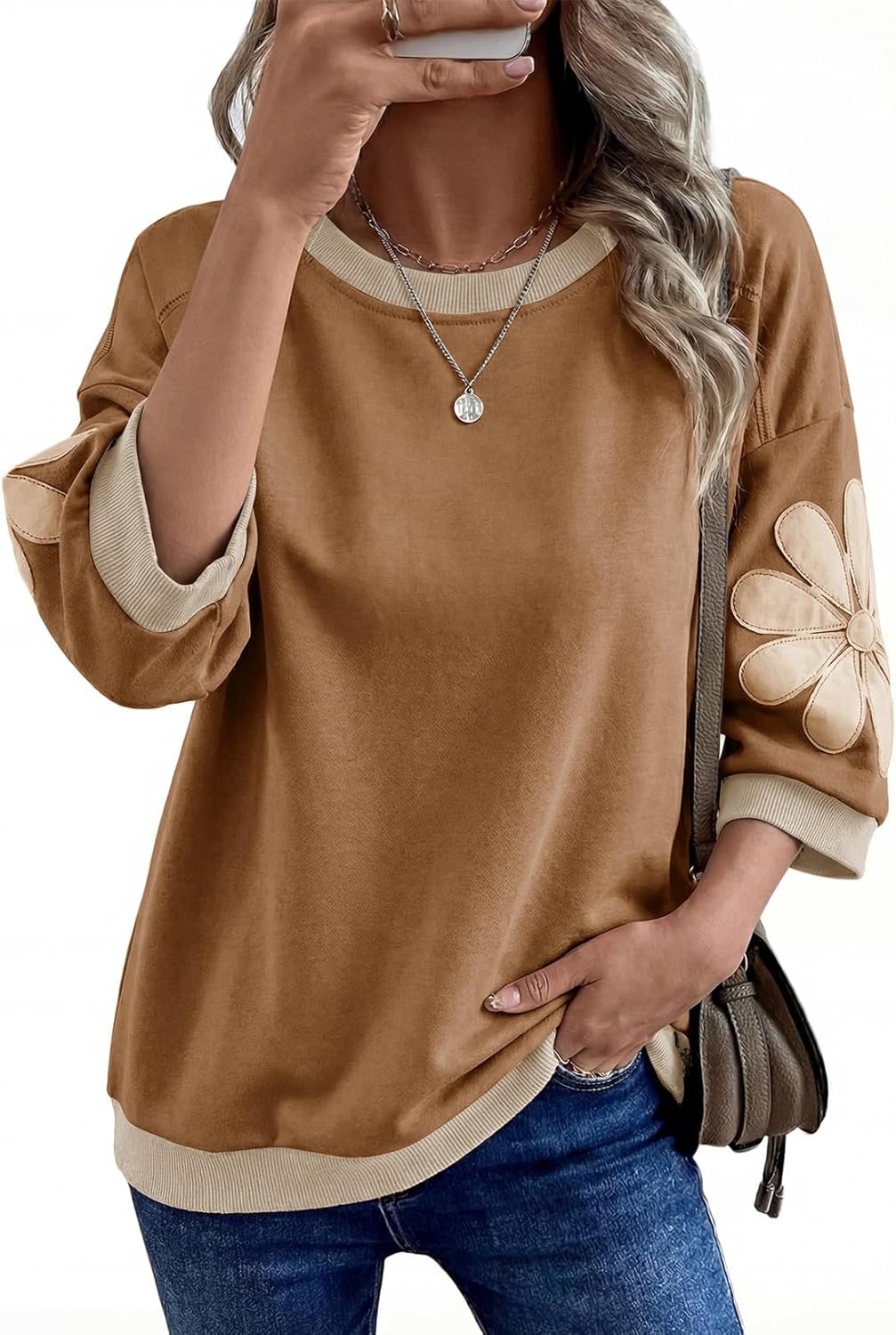 Dokotoo Women's Oversized 3/4 Sleeve Sweatshirt Floral Patch Crewneck Pullover Casual Tops