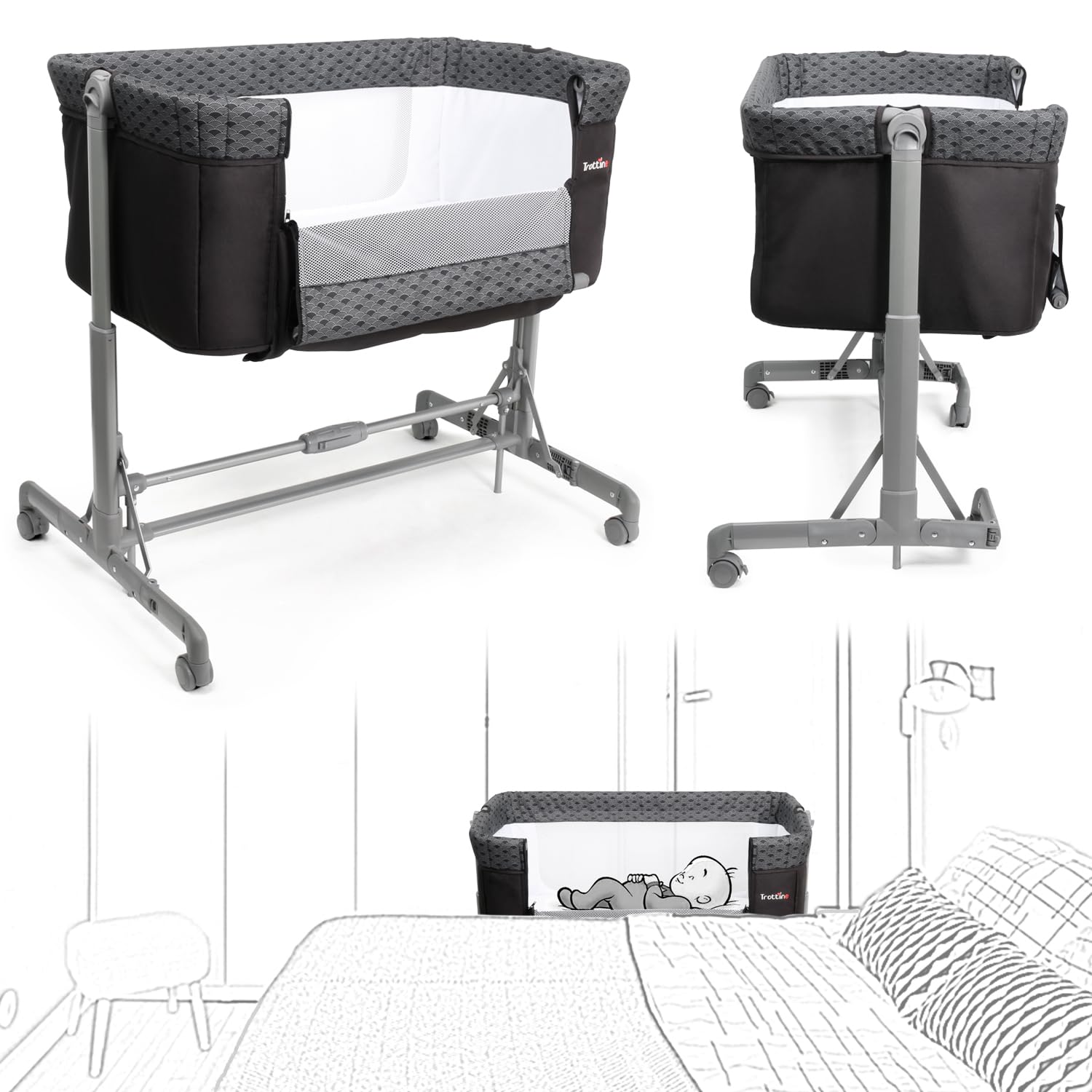 ONE TWO DREAM Lit Berceau Cododo, Ouverture Zippée, Hauteur Réglable, Position Inclinée Anti-Reflux, Pieds Pliables, Sangles de Fixation, Pliage D'Une Main, Roulettes, Sac Transport -NamiGris