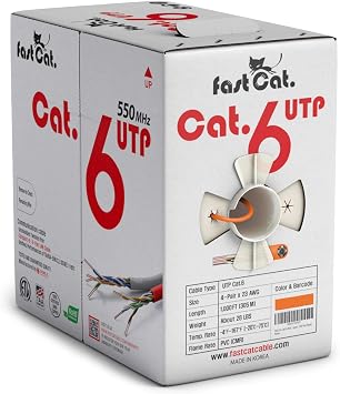 fast Cat. Cat6 Ethernet Cable 1000ft - 23 AWG, CMR, Insulated Solid Bare Copper Wire Internet Cable with Noise Reducing Cross Separator - 550MHZ / 10 Gigabit Speed UTP LAN Cable 1000 ft - CMR Orange