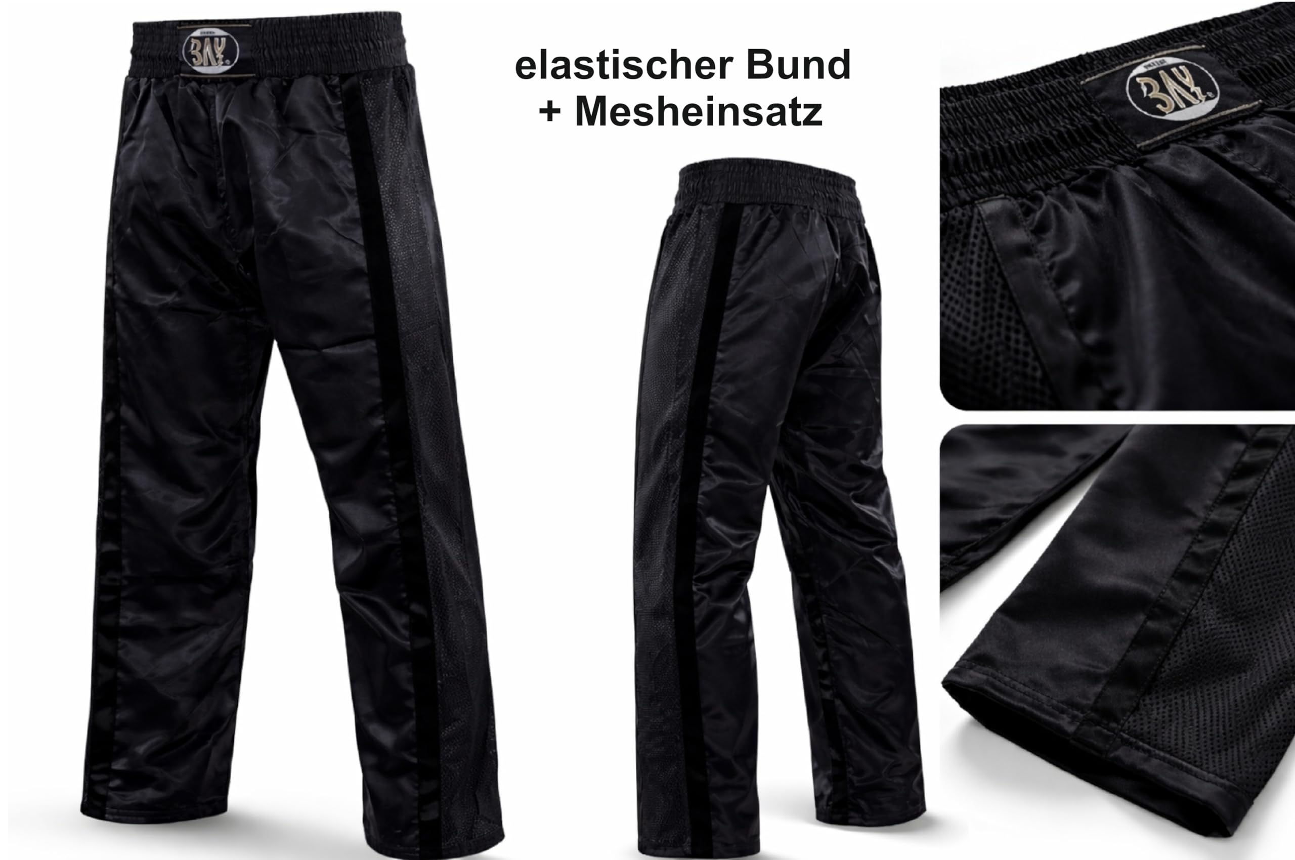Bay Netz Mesh Kickboxhose Kampfsporthose Schwarz lang Mesh-Netzeinsatz Kontraststreifen in Schwarz seitlich Polyester Erwachsene Damen Herren Kinder Jungen Mädchen Größe L (180)