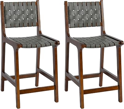 24 Inch Counter Woven PU Leather Bar Stool Set of 2, Walnut+Grey