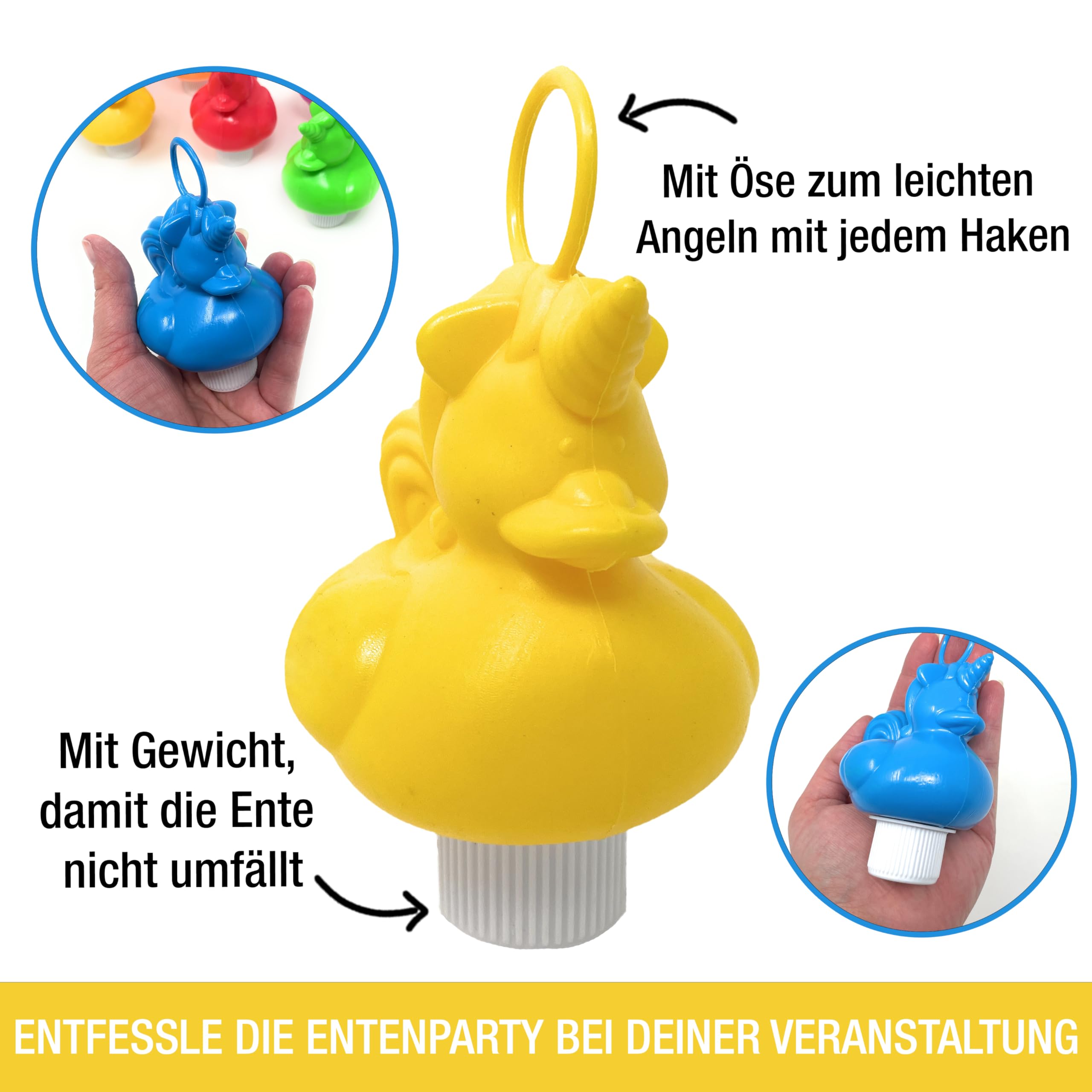 AMLI Einhorn Enten Angeln | 21x bunt Unicorn Entchen mit Öse & Gewicht | Inkl. 2 Angeln | Entenangeln Spiel Wasser groß | 101AO20DUCK (mit 2 Angeln)