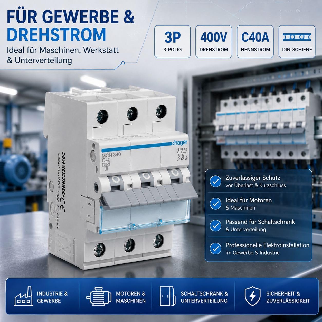 HAGER MCN340 Leitungsschutzschalter 40A 3-polig, C-Charakteristik, 6kA Sicherungsautomat für Drehstrom, biconnect Klemmsystem, 3 Module, 230/400V AC, nach DIN EN 60898-1, IP20