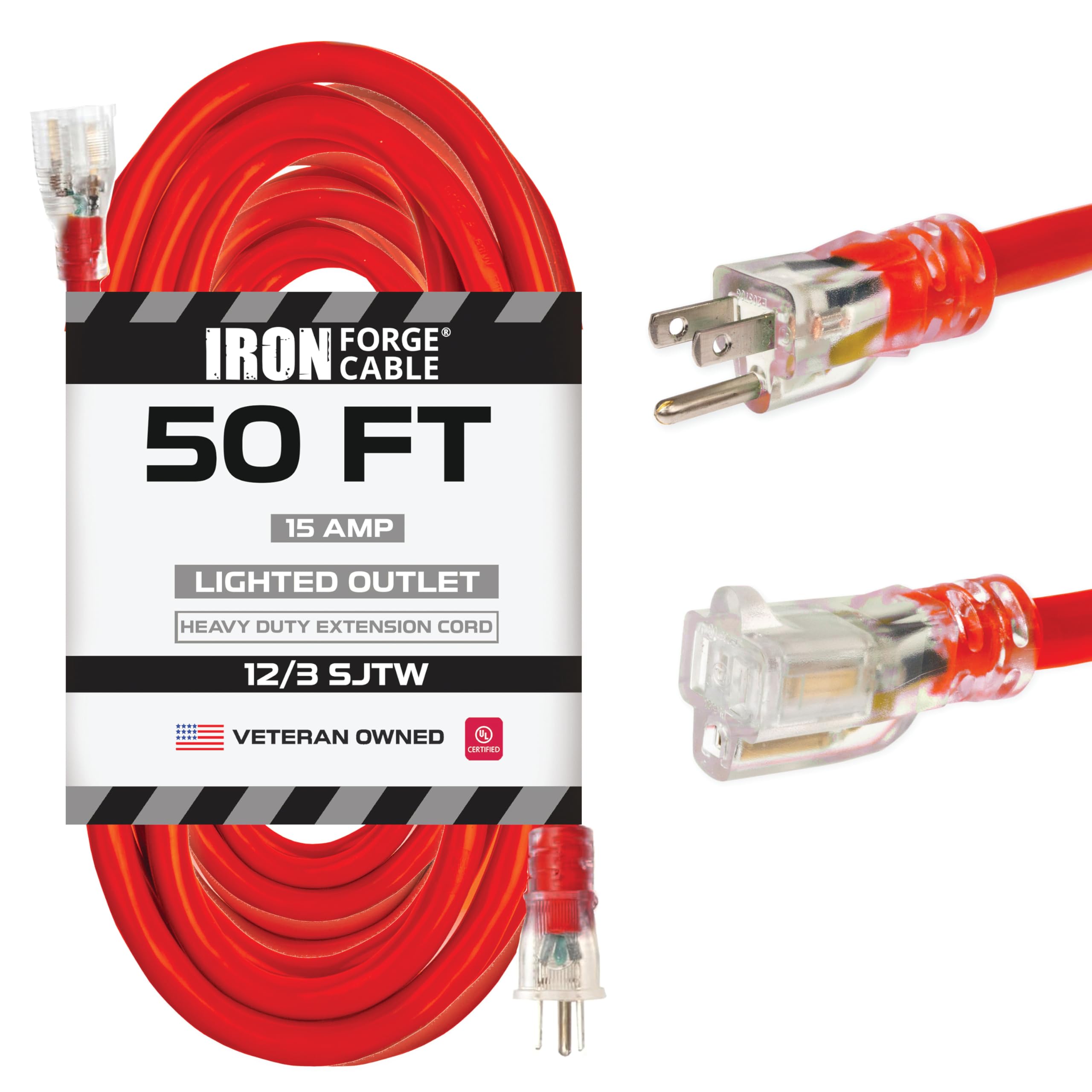 Iron Forge Cable 50 ft Lighted Outdoor Extension Cord - 12/3 SJTW Heavy Duty Red Extension Cable with 3 Prong 15 AMP Grounded Plug for Safety