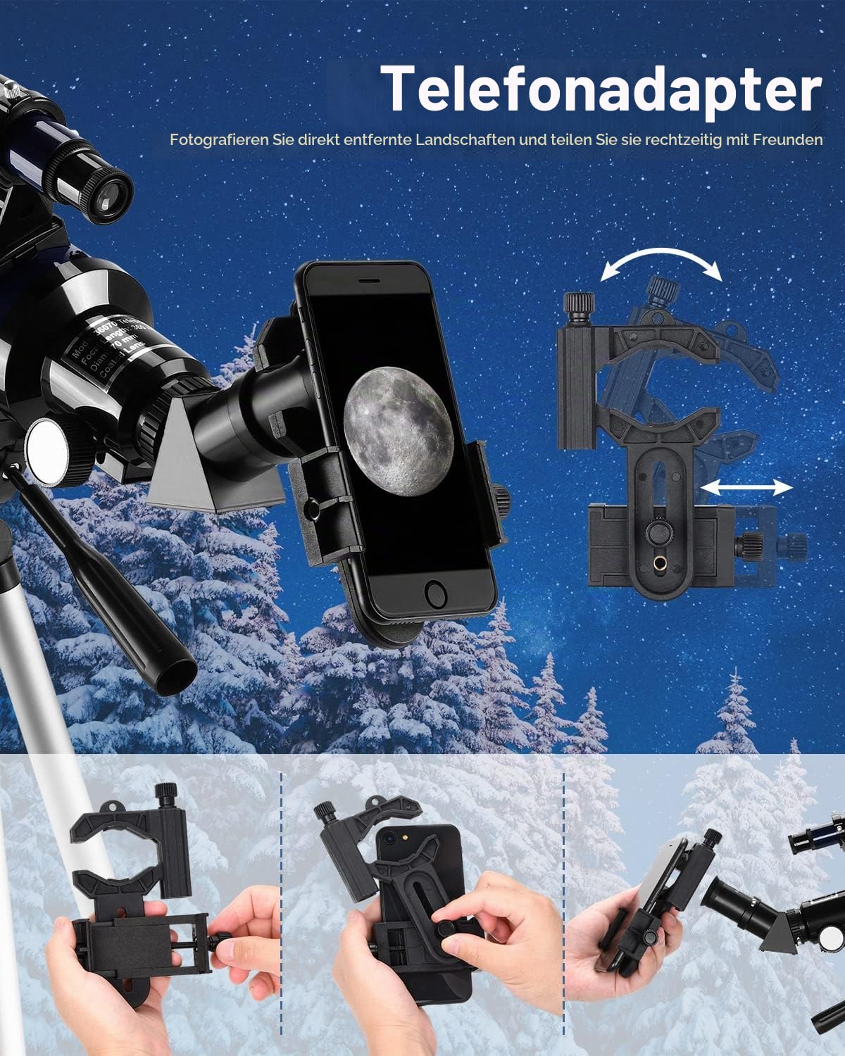 ESSLNB Teleskop 36070 Teleskop Astronomie mit Verstellbares Stativ und Telefon-Adapter 70mm Vollständig Beschichtete Linse 3X Barlow-Linse Mond-Filter
