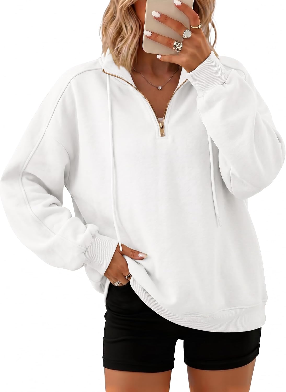 Dokotoo Sweatshirts for Women Oversized Casual Long Sleeve Quarter Zip Stand Neck Drawstring Pullover Tops Fashion Outfits