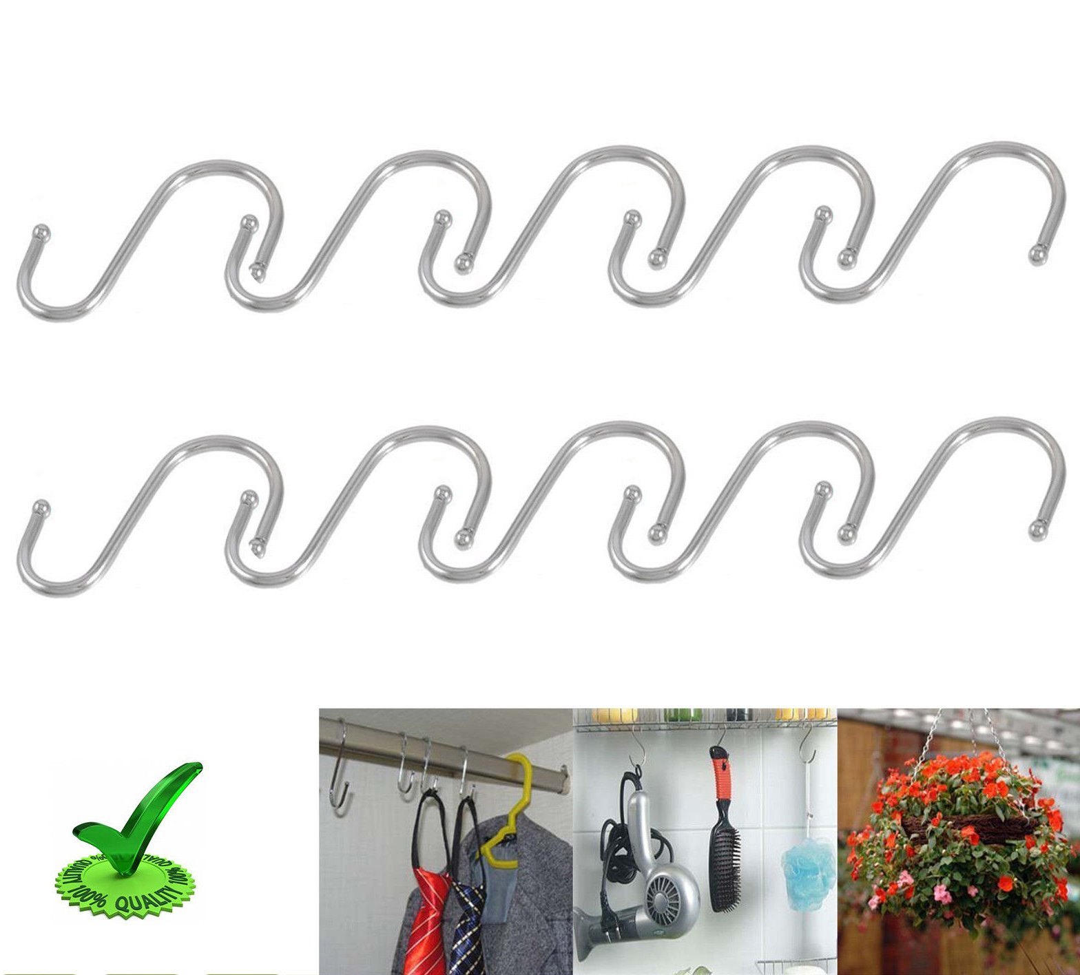 10x NEW CHROME S HOOKS FOR BUTCHER KITCHEN RACK, PAN HANGER, HANGING RAIL (58x50mm BALL ENDS)