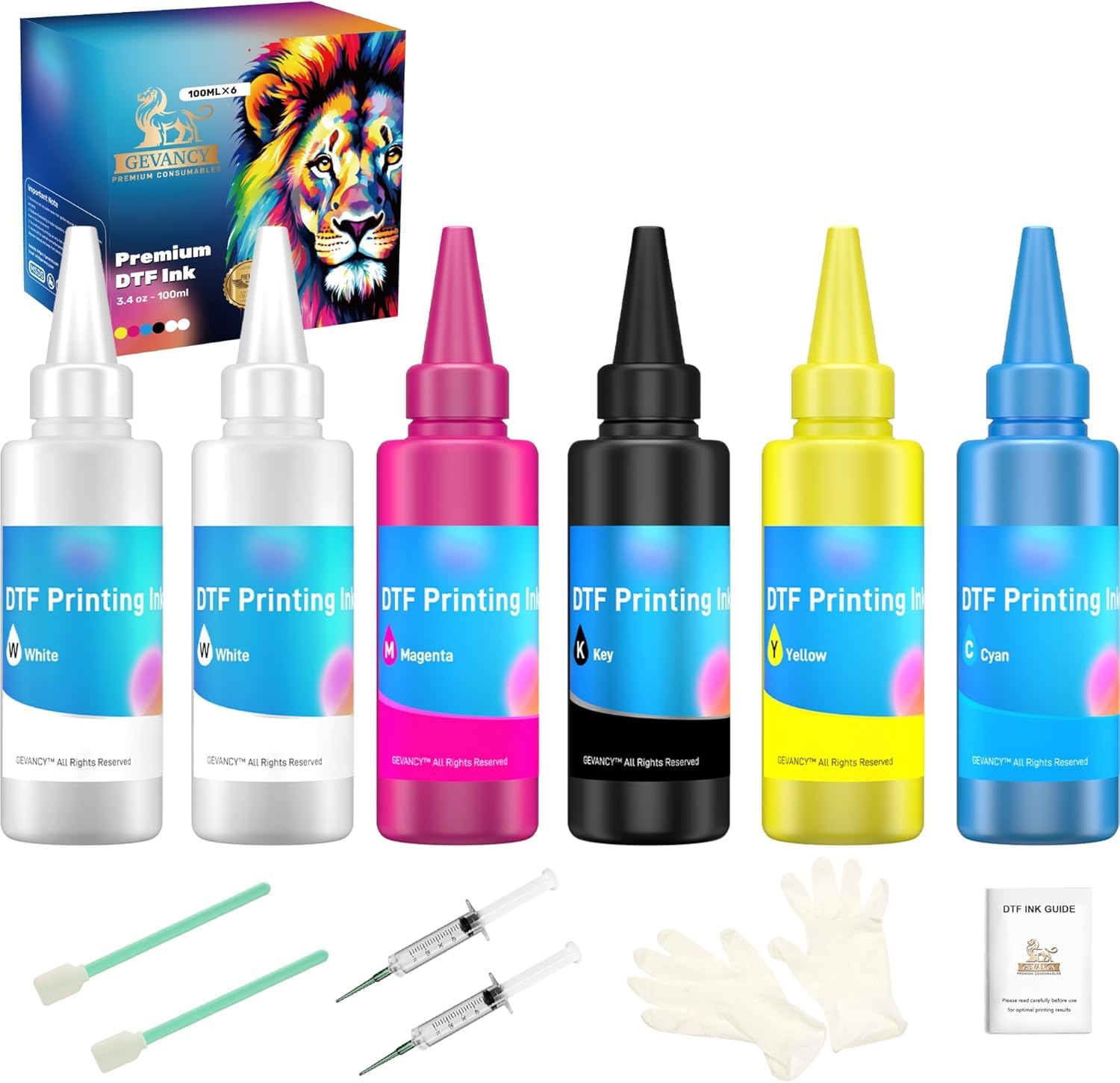 DTF Ink 100ML CMYKWW Combo Pack, 6 Bottles