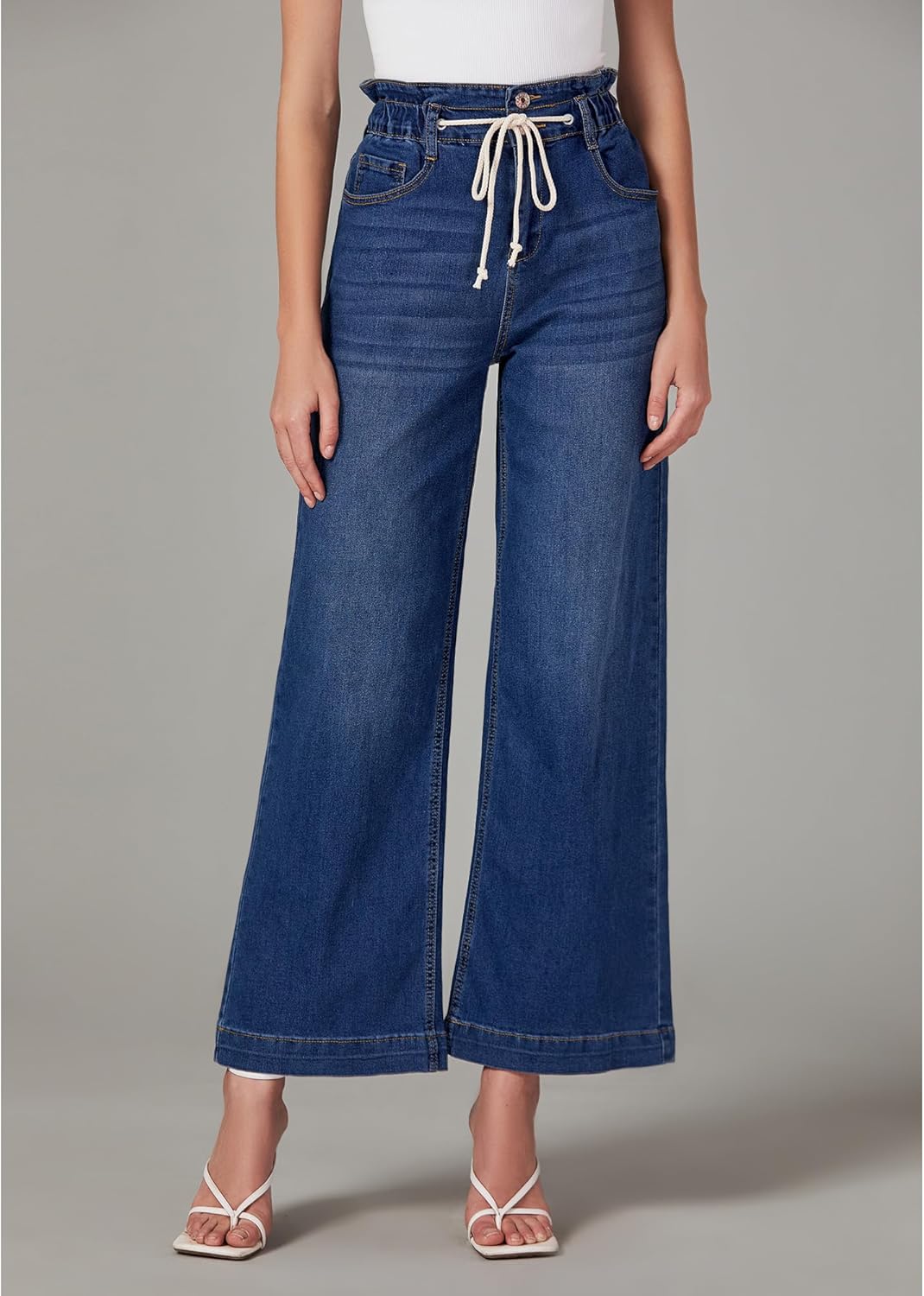 LookbookStore Womens Jeans Wide Leg High Waisted Trendy Elastic Wasit Drawstring Stretch Denim Pants Baggy Trouser Jeans - Image 2