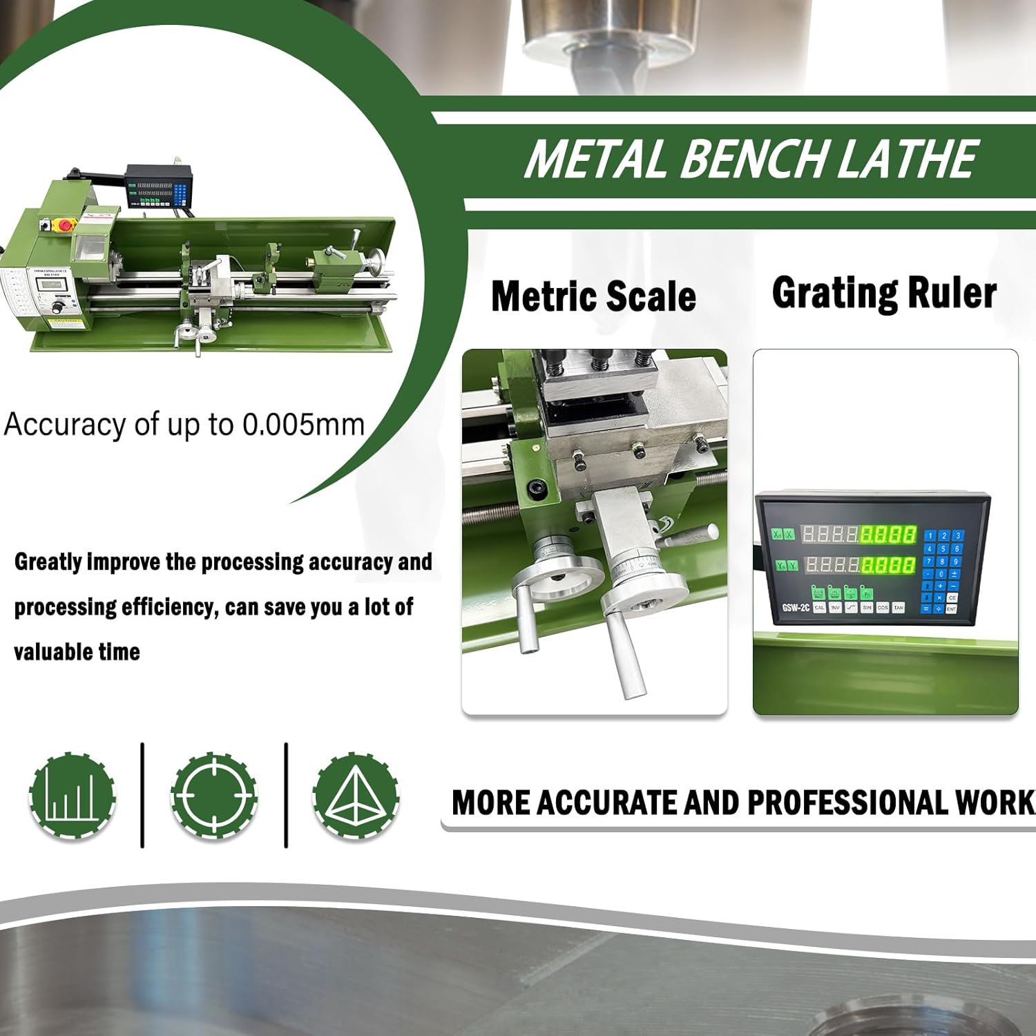 1100W Double Head Double Chuck Precision Metal Bench Lathe 8"×29.5" with Grating Ruler, for Metal Turning 110V
