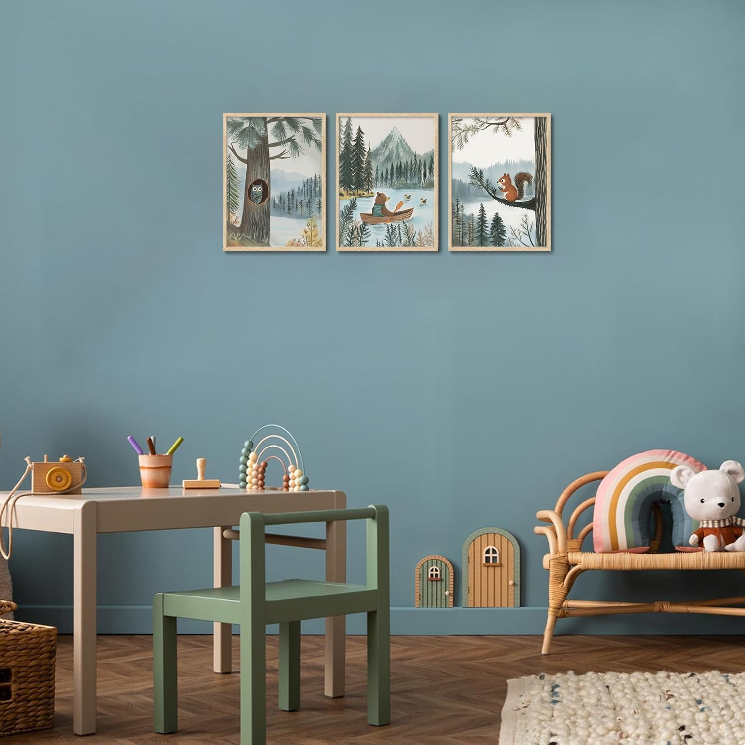 LHHJDIO 3 Piece OAK Wood Framed Wall Art Woodland Wall Decor Animals Canvas Art Owl Bear Squirrel Pictures Forest Paintings Wildlife Artwork Vintage Prints For Nursery Children Kids Boy Room
