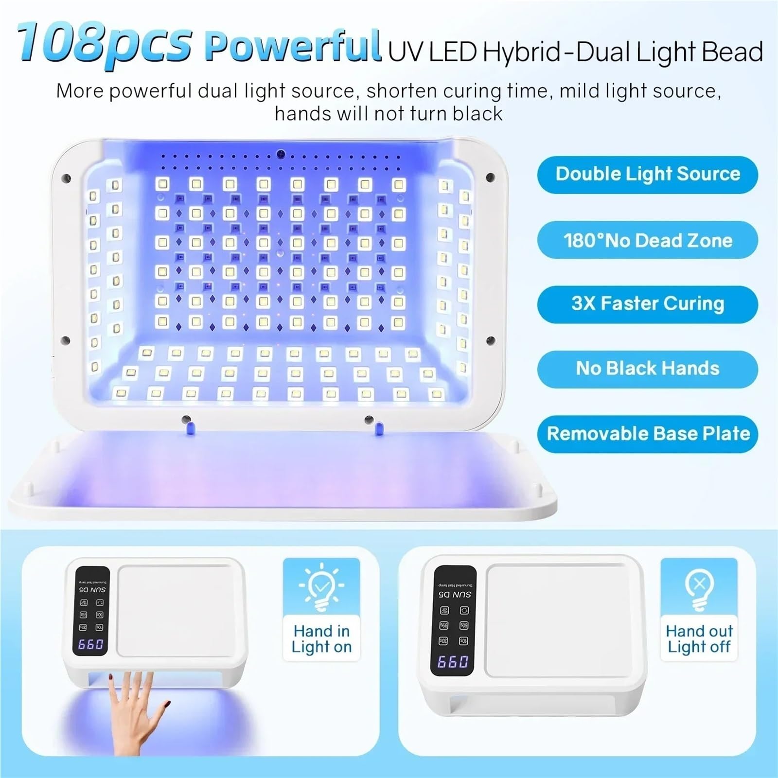 Lampa LED do paznokci, Lampa UV LED do paznokci 480 W, 108 diod, suszarka z trybem światła czerwonego, duża lampa manicure, 4 timery(D5)
