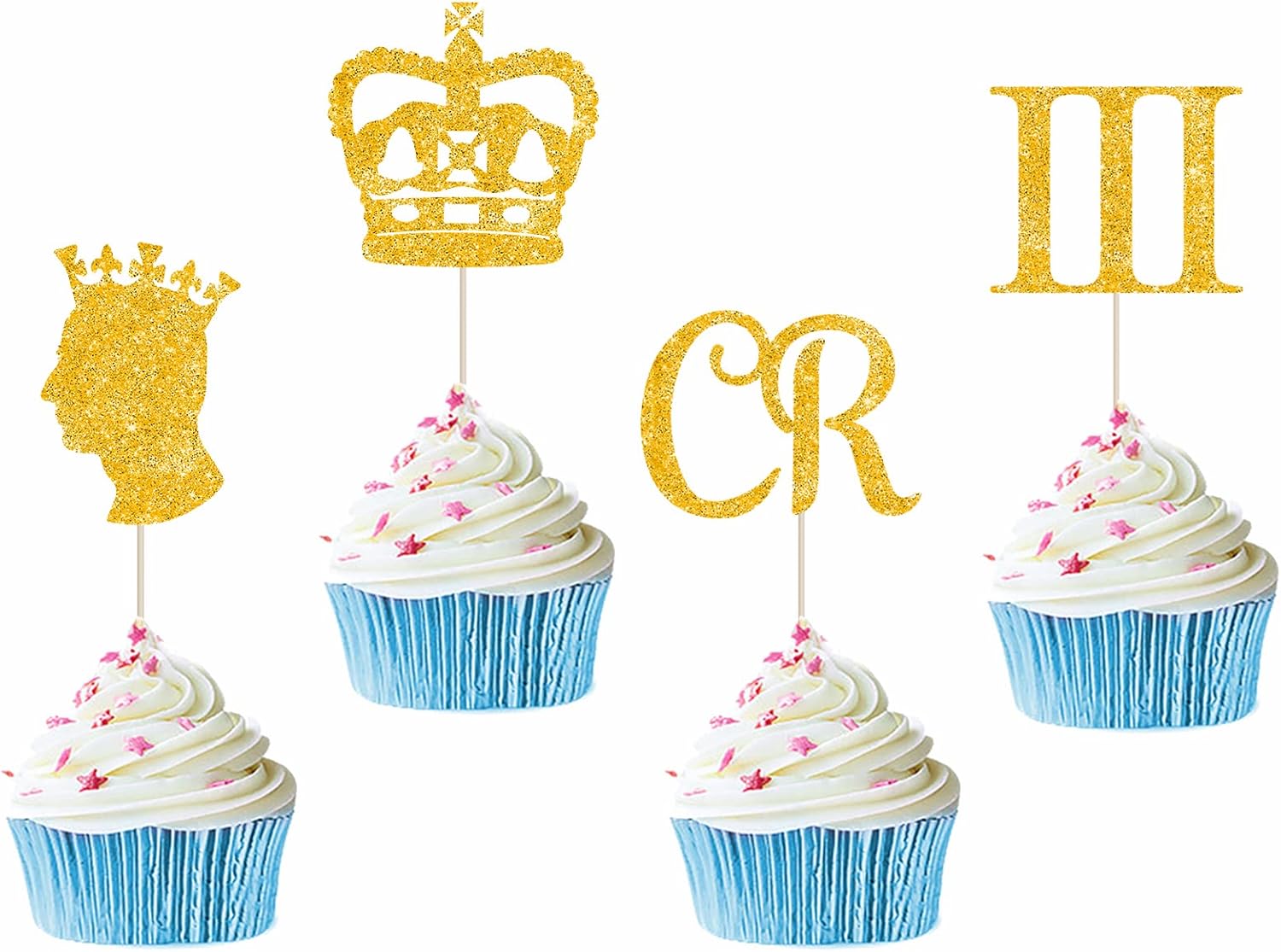 Coronation Decorations Cake Toppers Kit, 12pcs Gold Glitter King