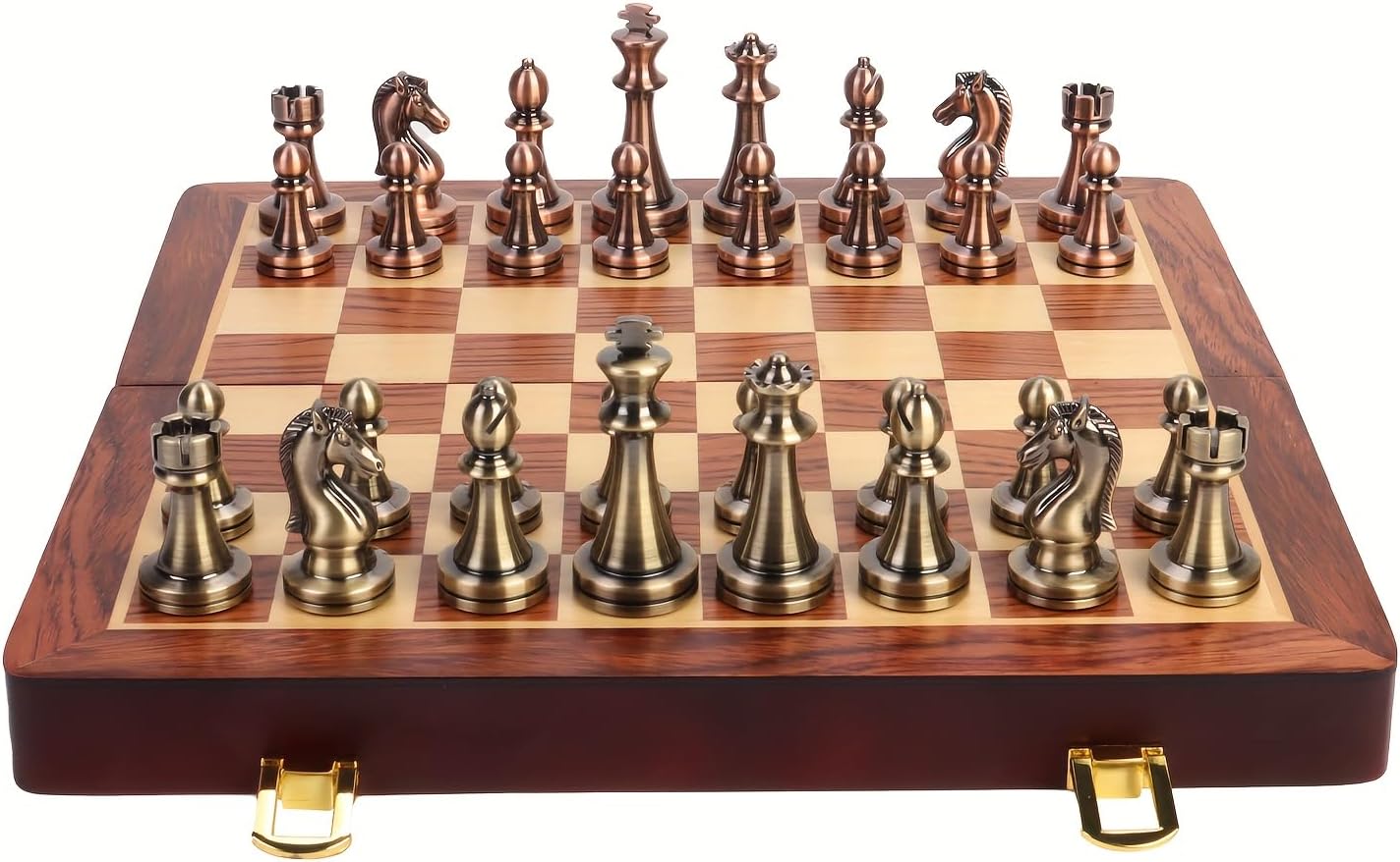 11.6 pulgadas Conjunto de ajedrez con placa de ajedrez de madera plegable y piezas estándar clásicas hechas a mano Set de ajedrez de metal para niños adultos
