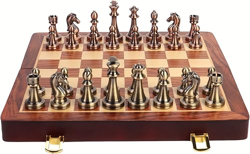 Juego de ajedrez de metal de 15 pulgadas con caja de almacenamiento de madera, tablero de viaje plegable, piezas de ajedrez de aleación para