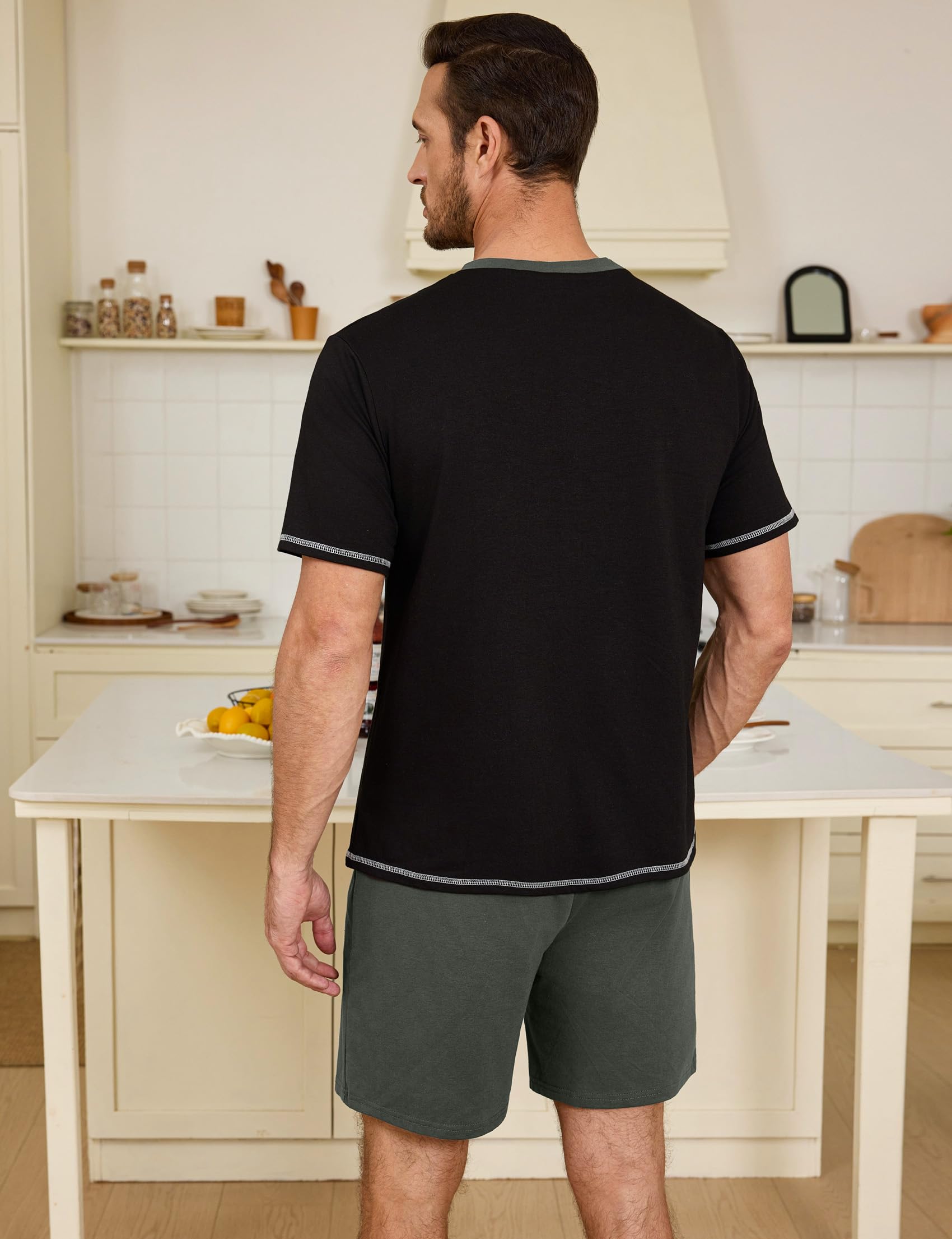 Terecey Pijama Corto Hombre Verano Impresión de Palmeras Playa Hawaiana Conjunto de Pijama Hombre Algodon Pantalón con Corto Bolsillos de Camiseta Manga Corta Ropa de Dormir