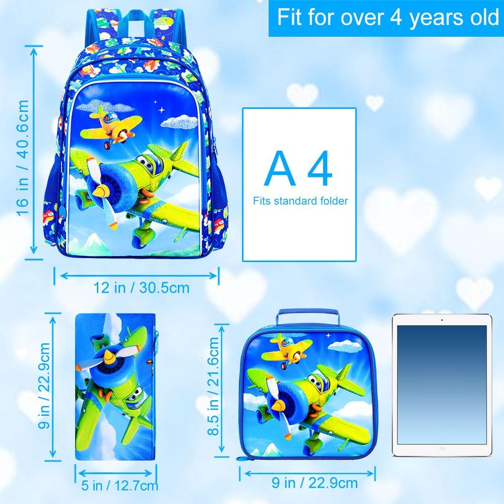 UFNDC 3PCS Boys Aircraft Backpack, Kids Bookbag with Lunch Box, Water Resistant School Bag for Elementary Preschool Toddler
